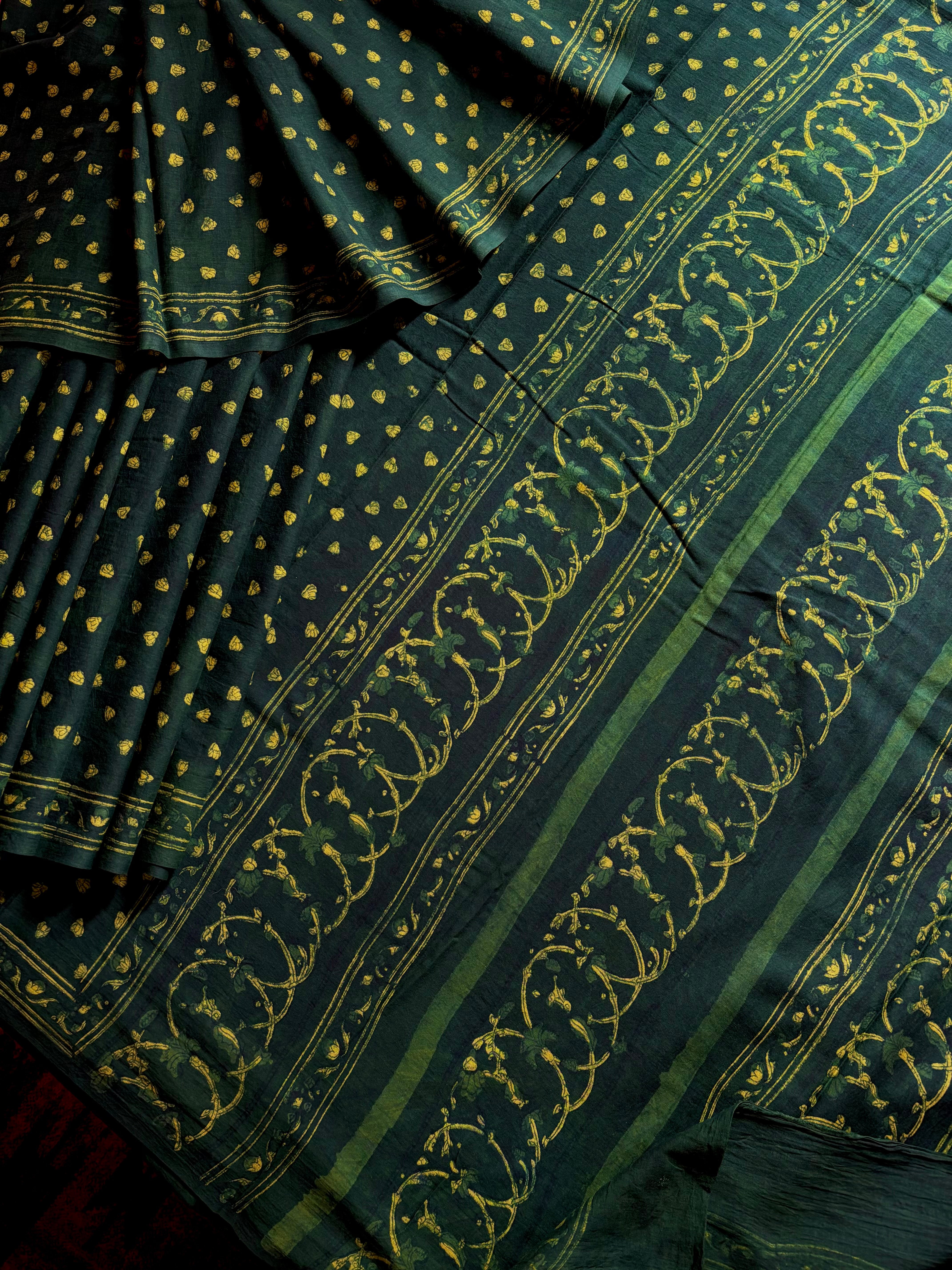 Bagh Handblock Printed Indigo Green Cotton Saree