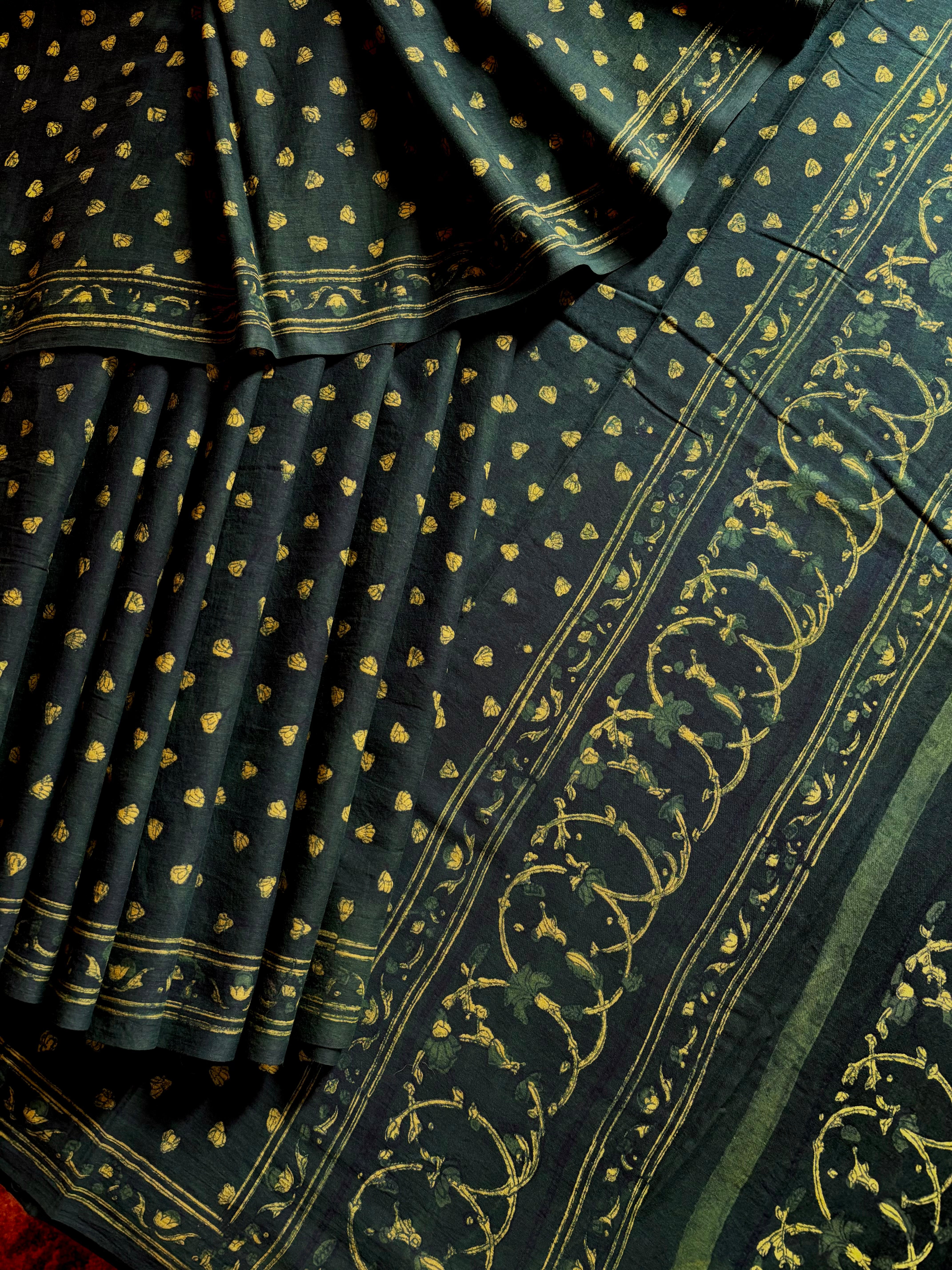 Bagh Handblock Printed Indigo Green Cotton Saree