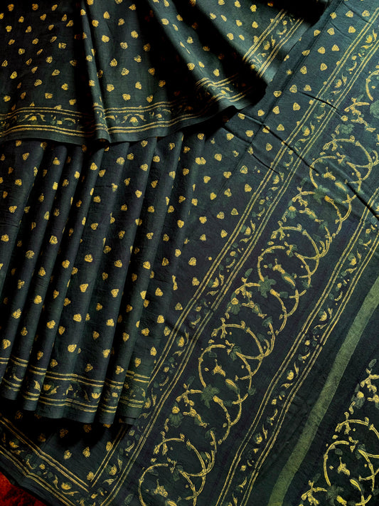 Bagh Handblock Printed Indigo Green Cotton Saree