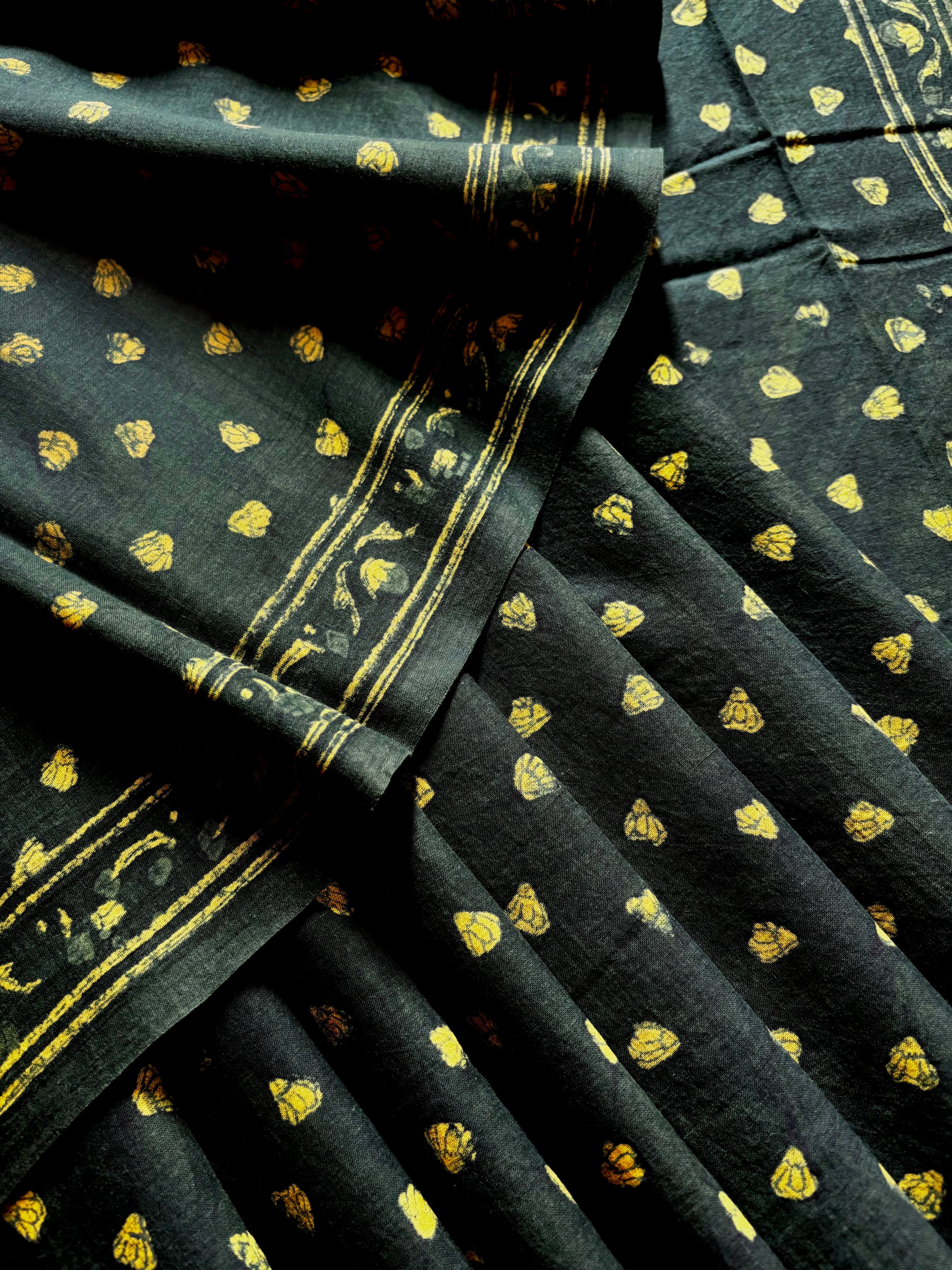 Bagh Handblock Printed Indigo Green Cotton Saree