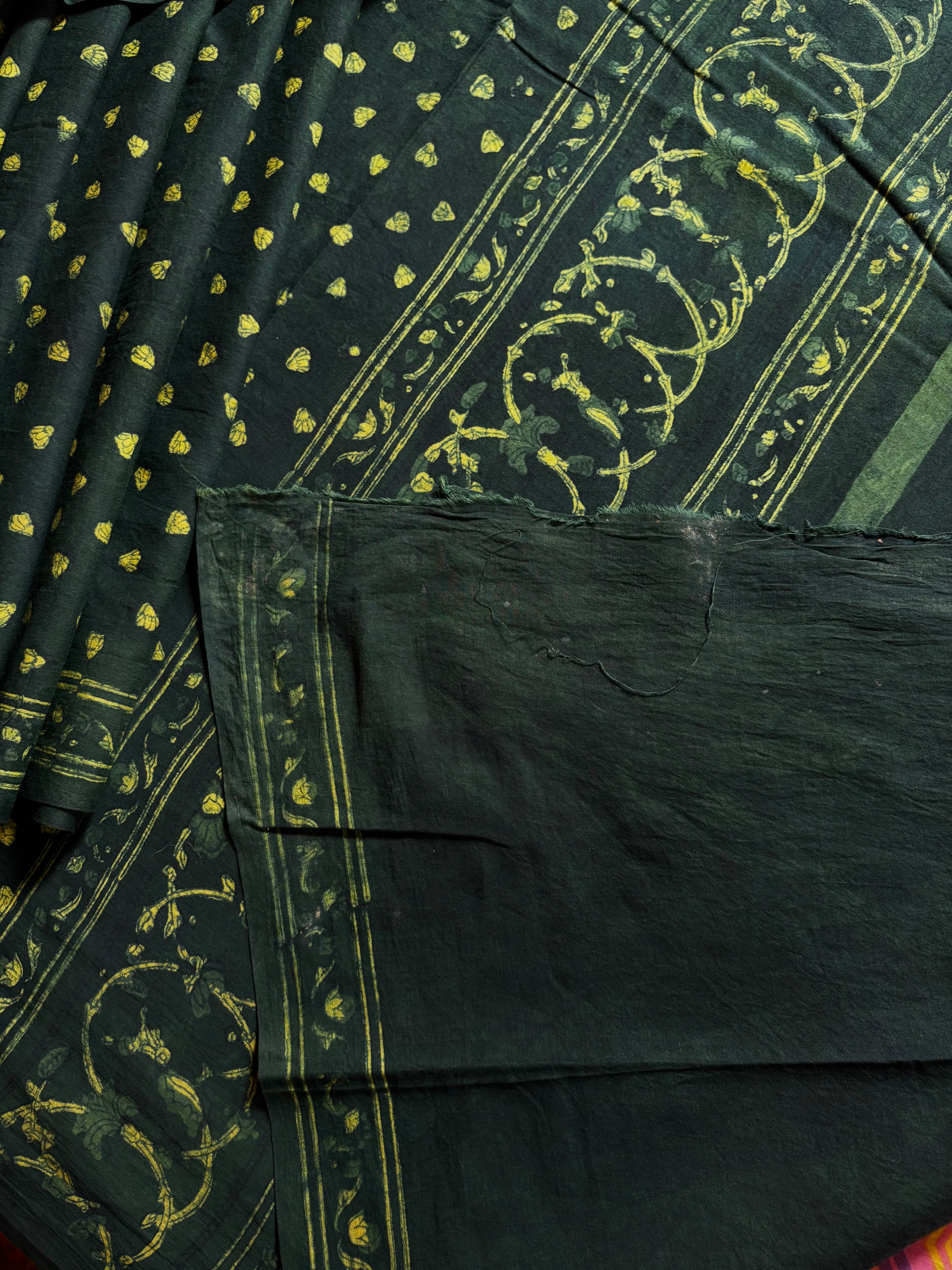 Bagh Handblock Printed Indigo Green Cotton Saree