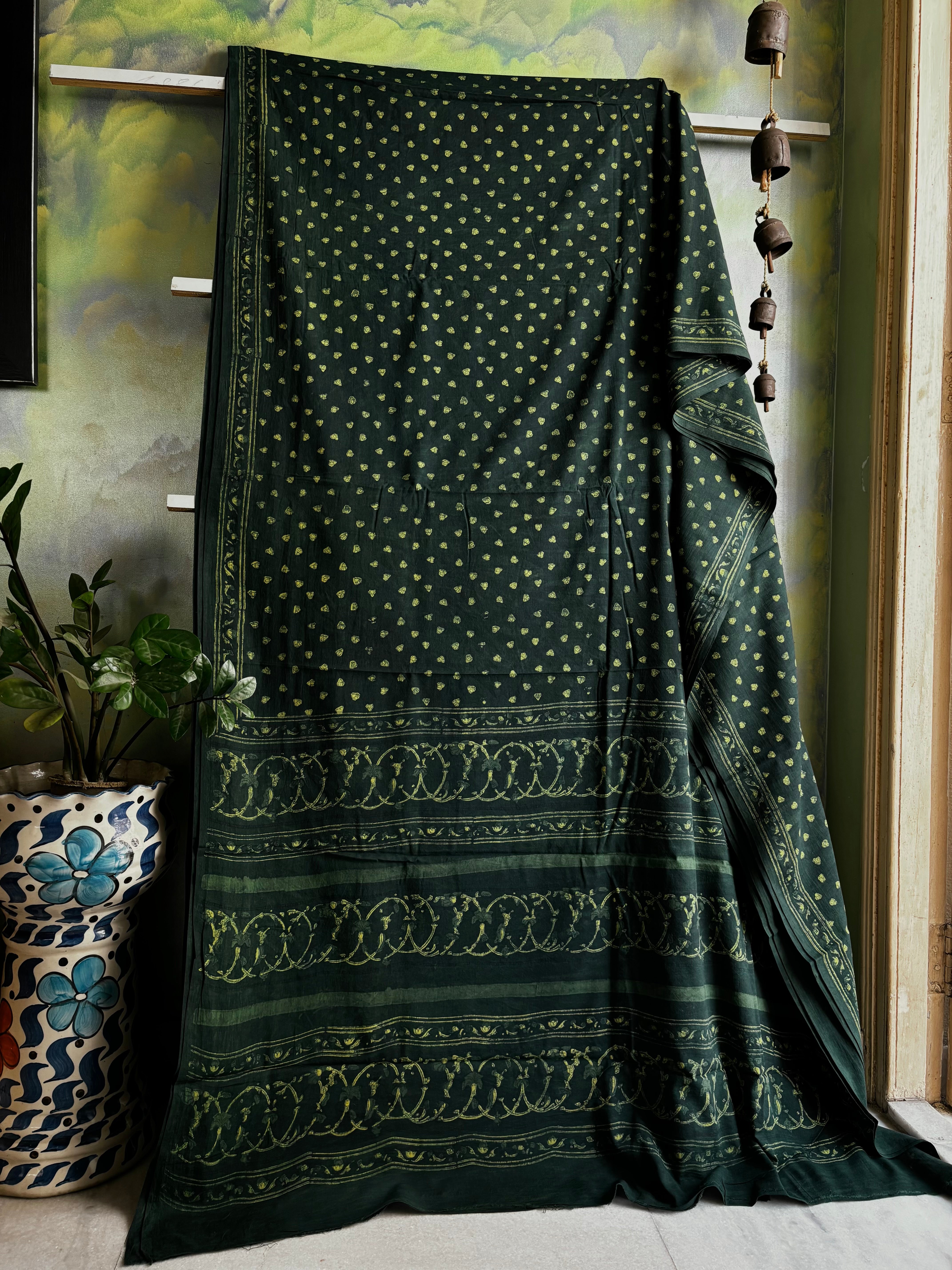 Bagh Handblock Printed Indigo Green Cotton Saree