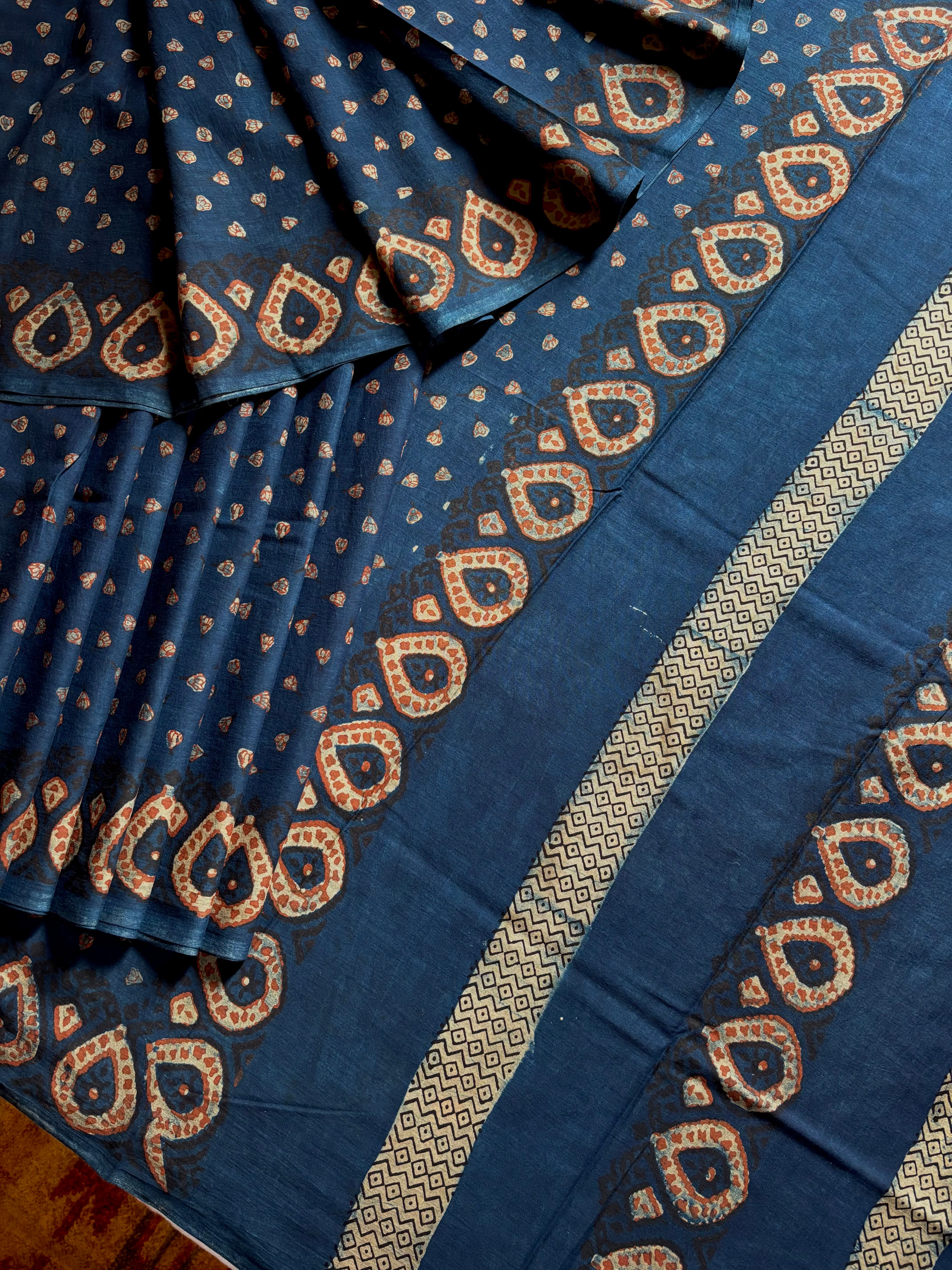 Bagh Handblock Printed Indigo Cotton Saree
