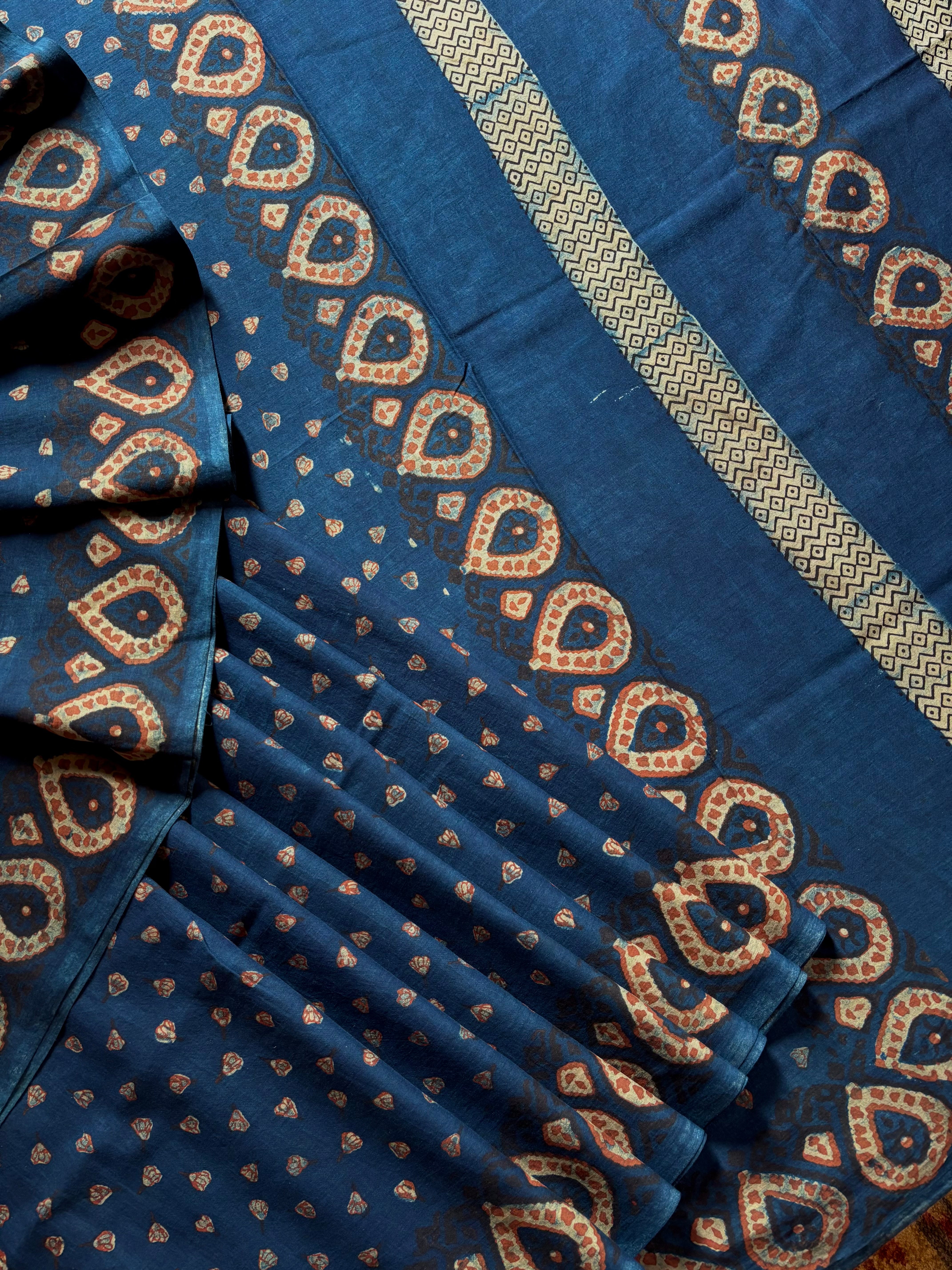 Bagh Handblock Printed Indigo Cotton Saree