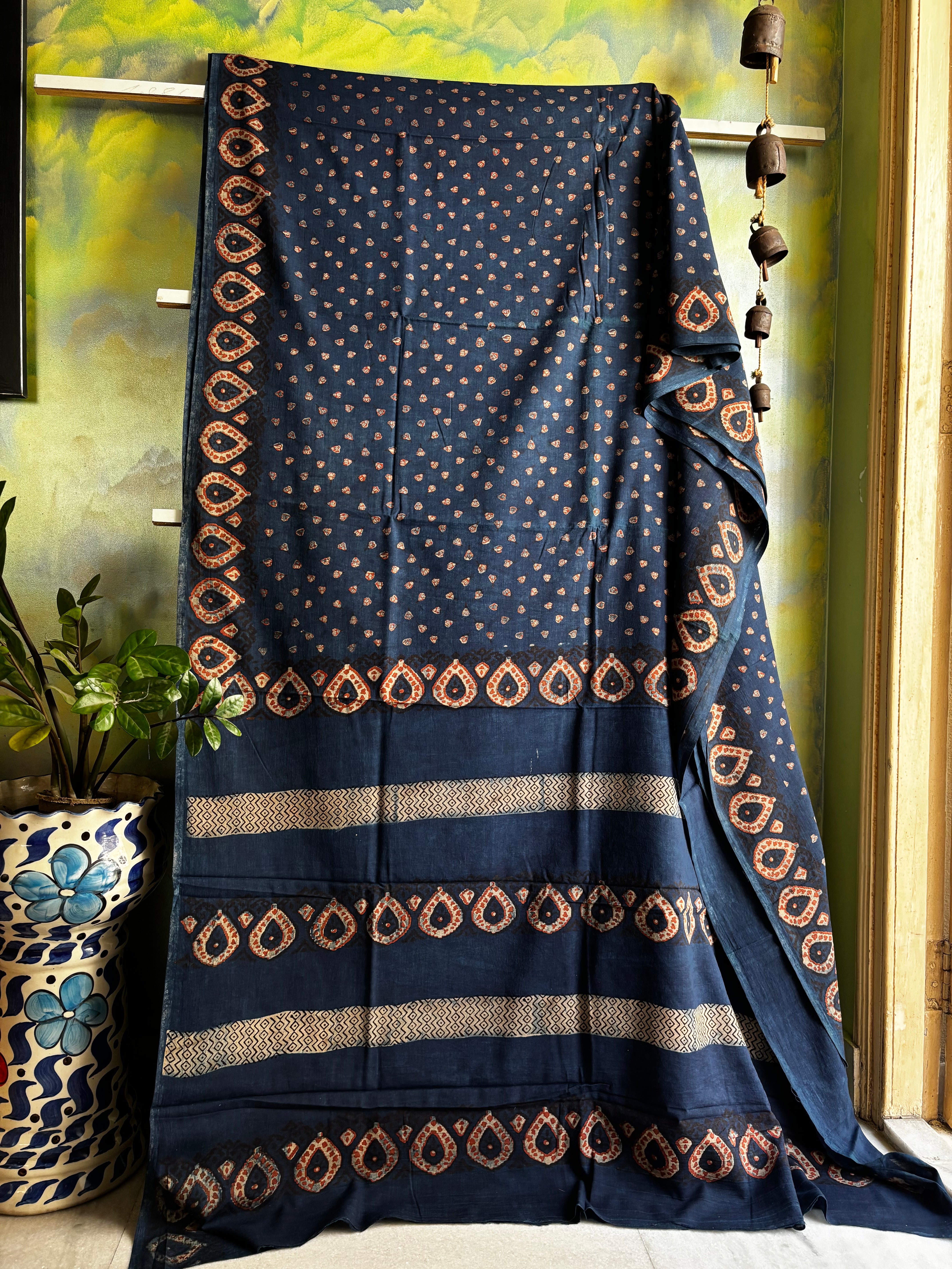 Bagh Handblock Printed Indigo Cotton Saree