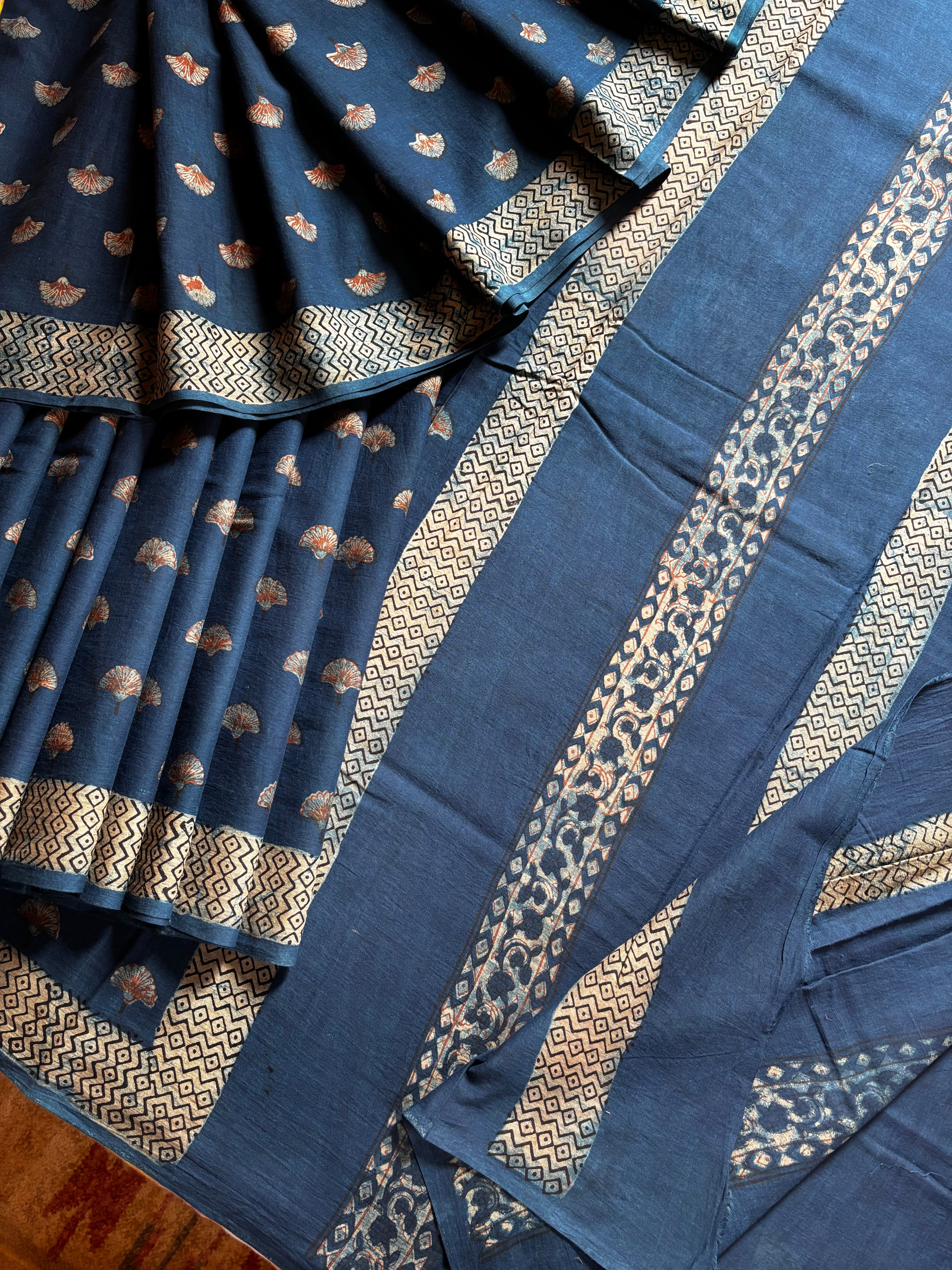 Bagh Handblock Printed Indigo Cotton Saree