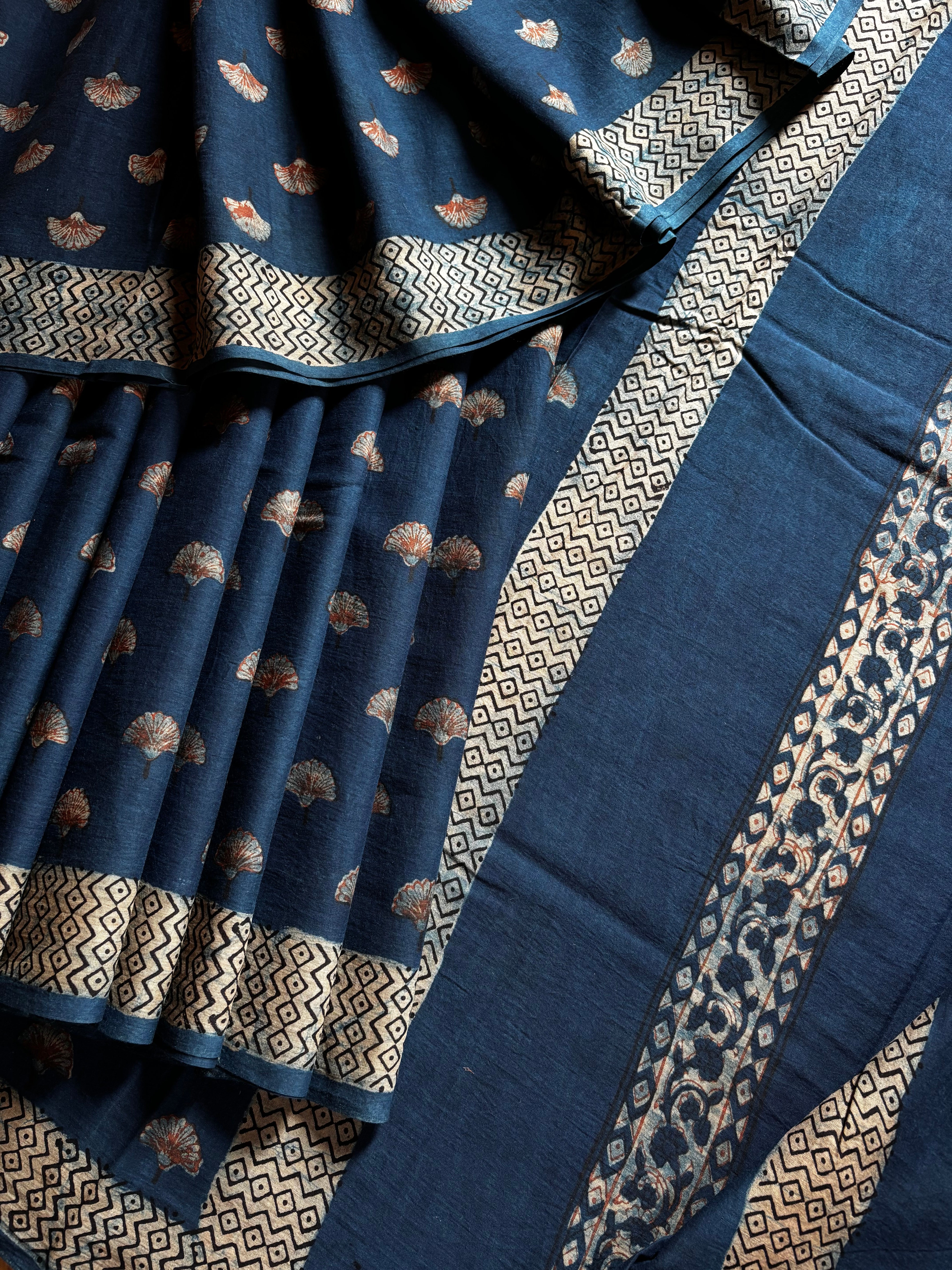 Bagh Handblock Printed Indigo Cotton Saree