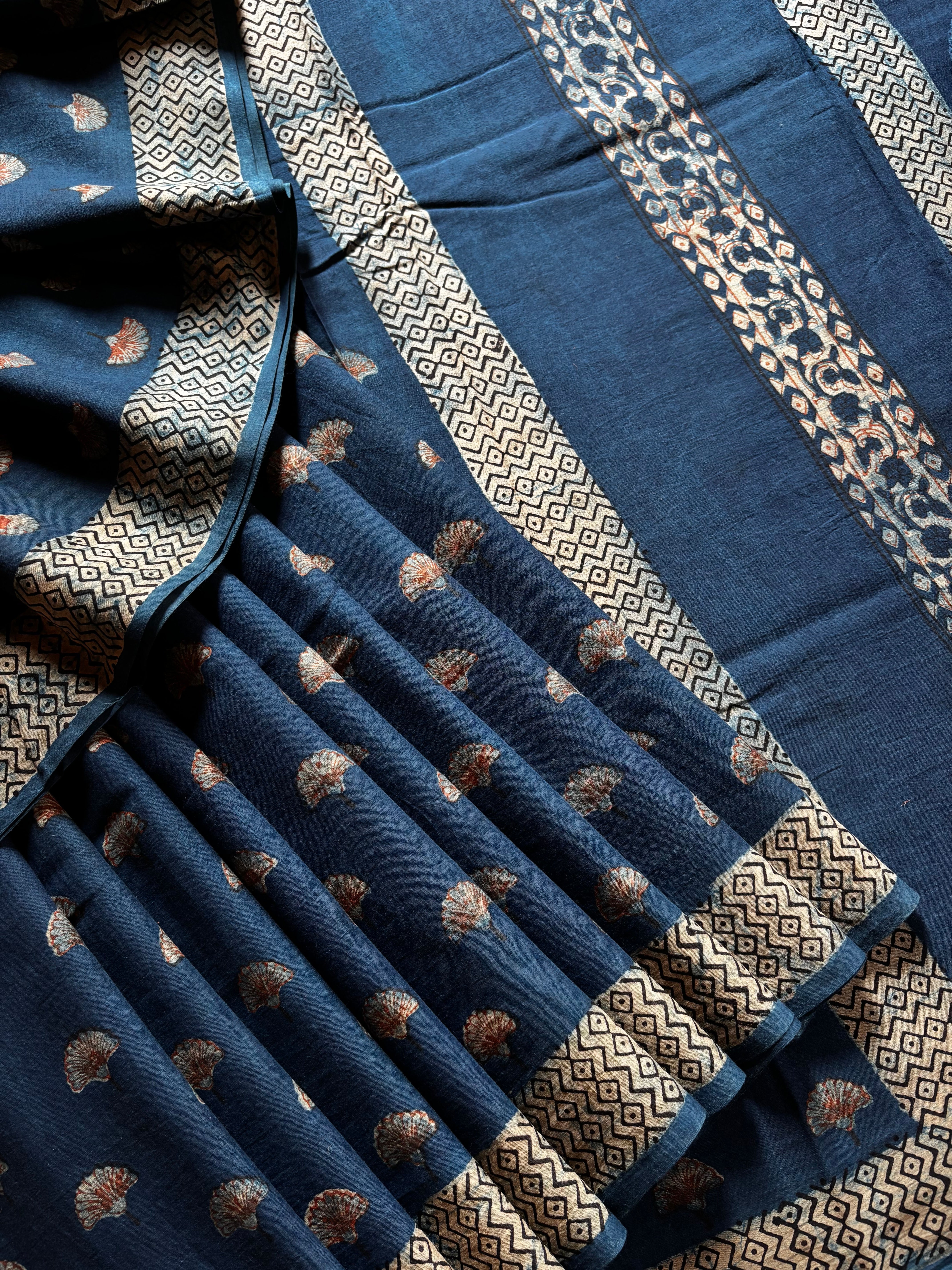 Bagh Handblock Printed Indigo Cotton Saree