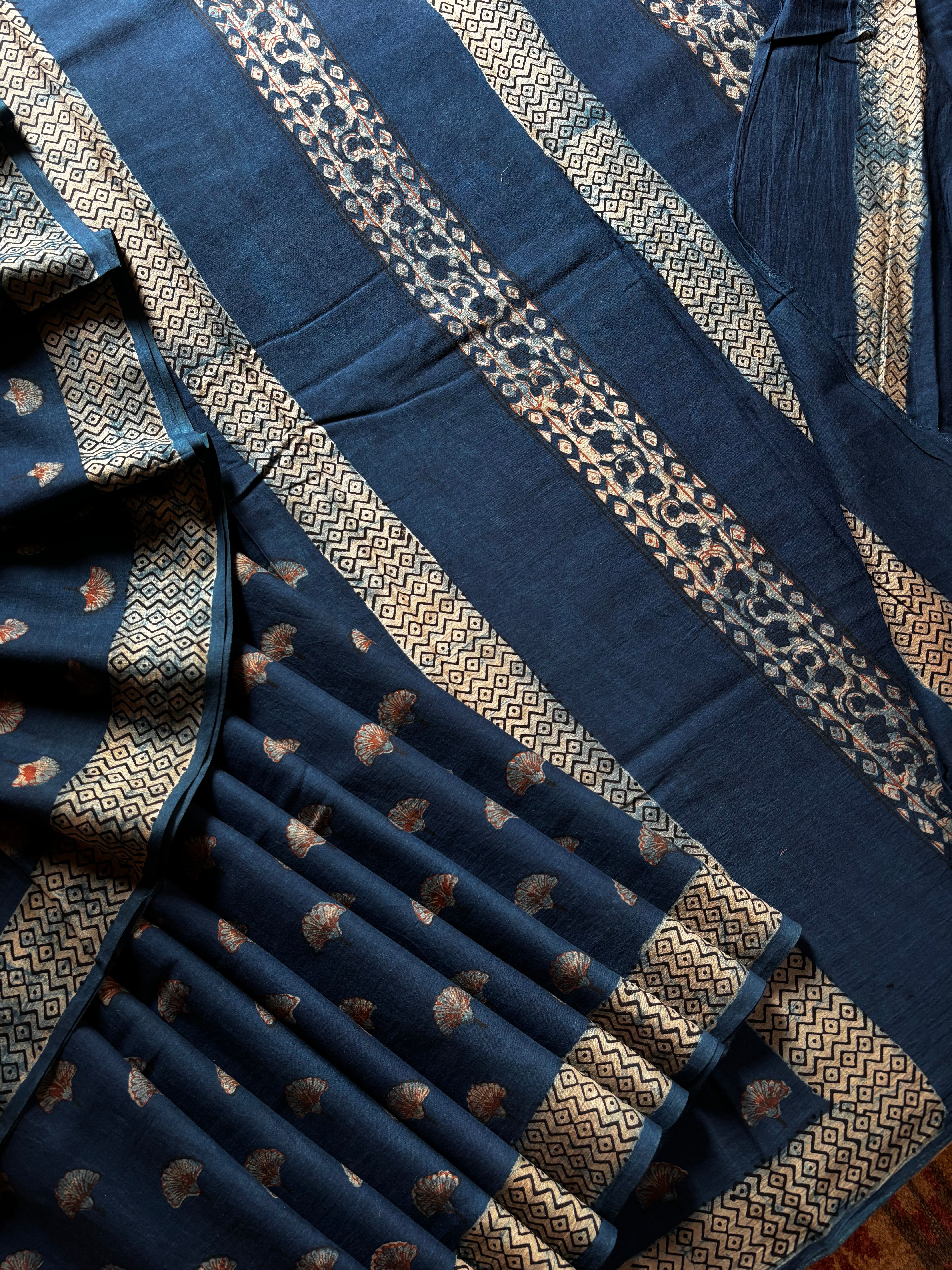 Bagh Handblock Printed Indigo Cotton Saree