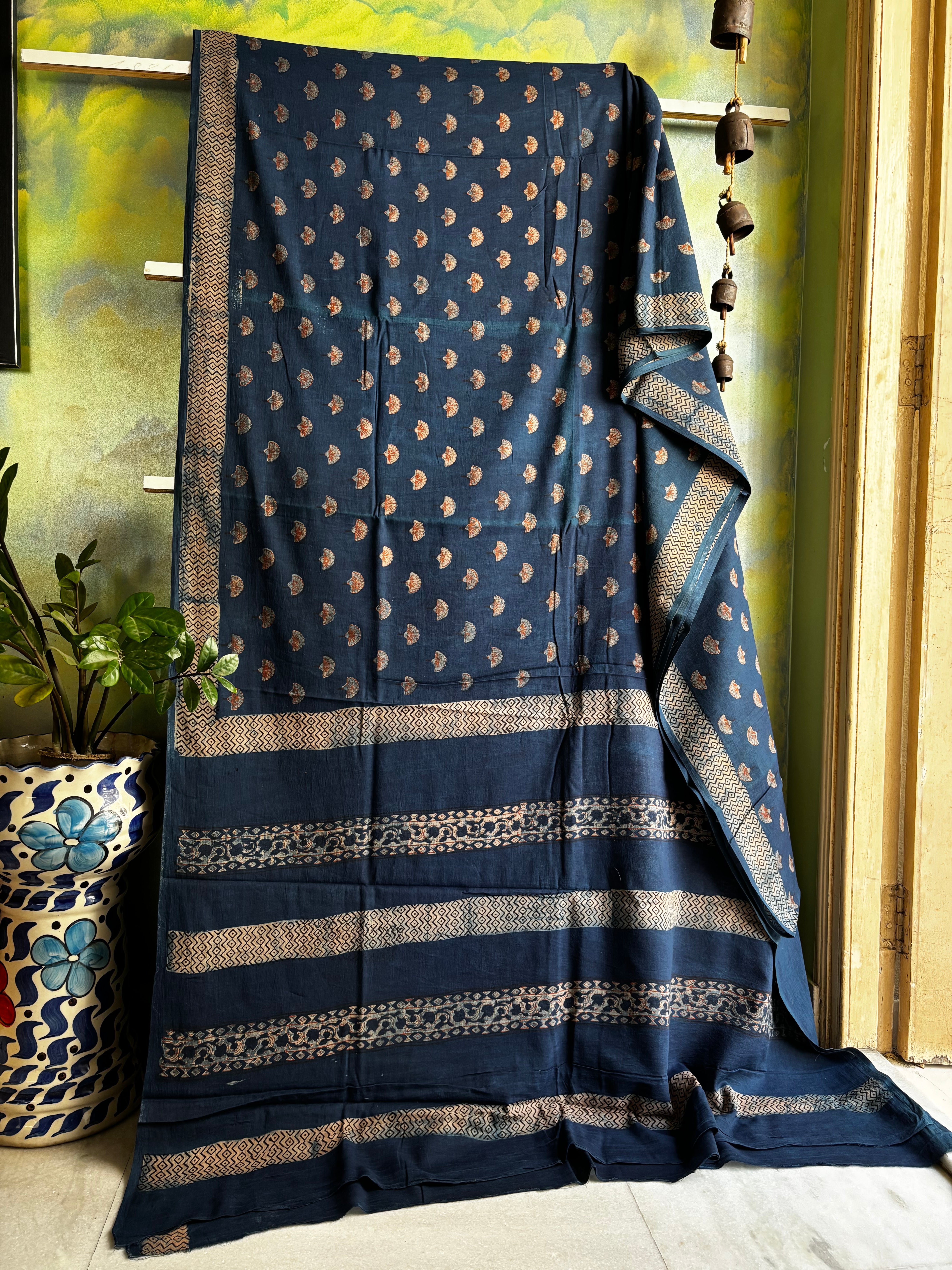 Bagh Handblock Printed Indigo Cotton Saree