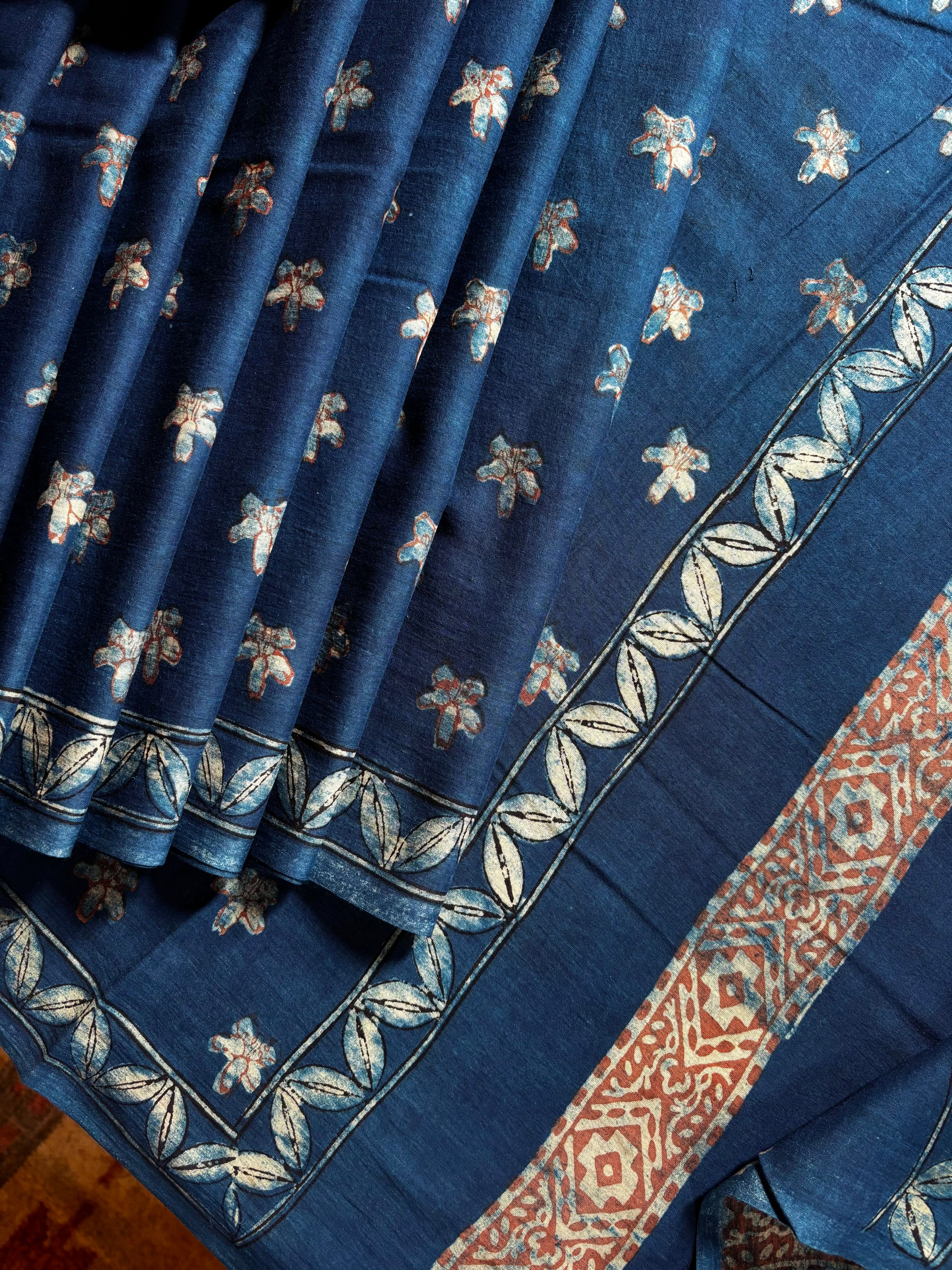 Bagh Handblock Printed Indigo Blue Cotton Saree