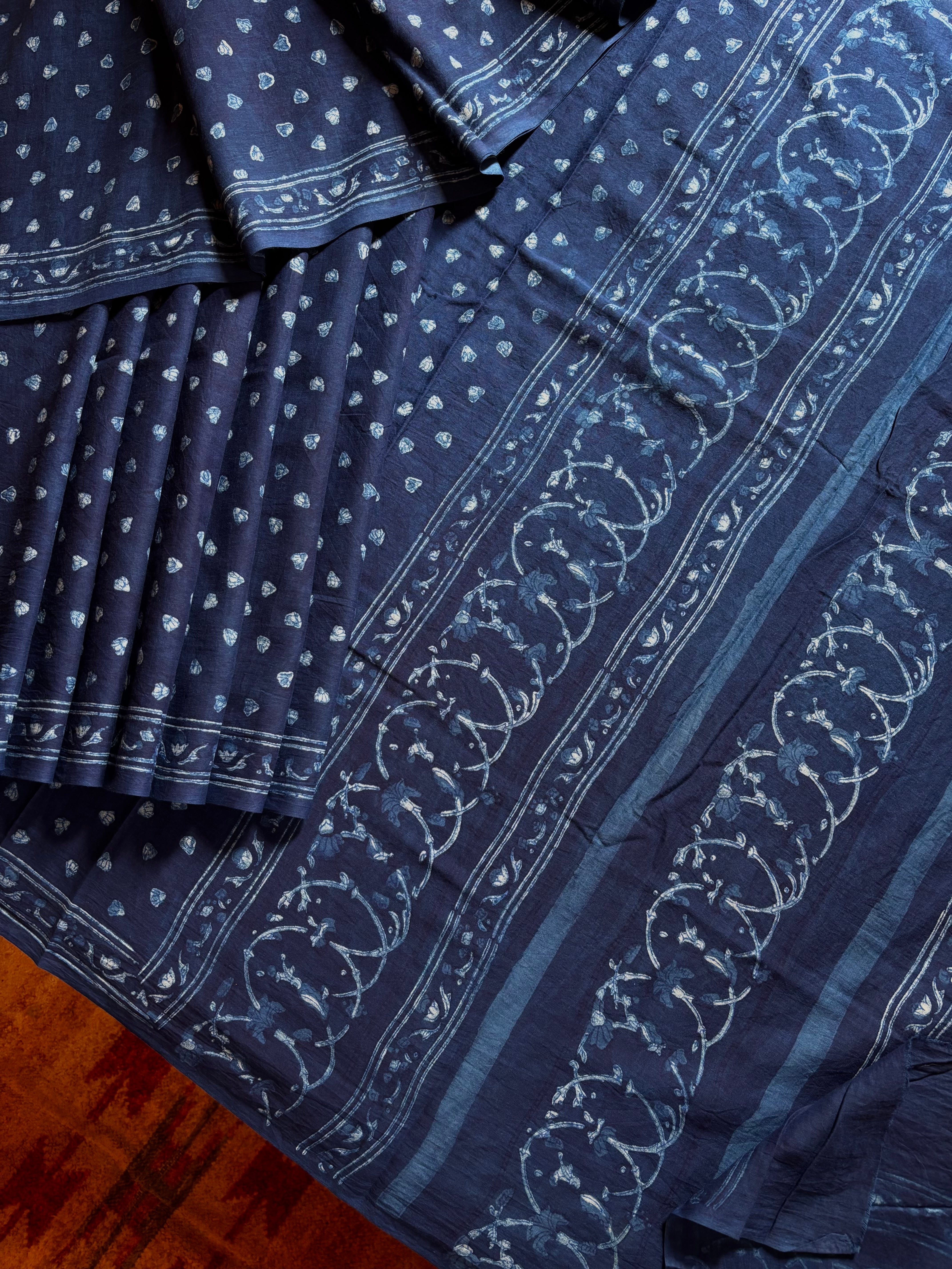 Bagh Handblock Printed Indigo Blue Cotton Saree