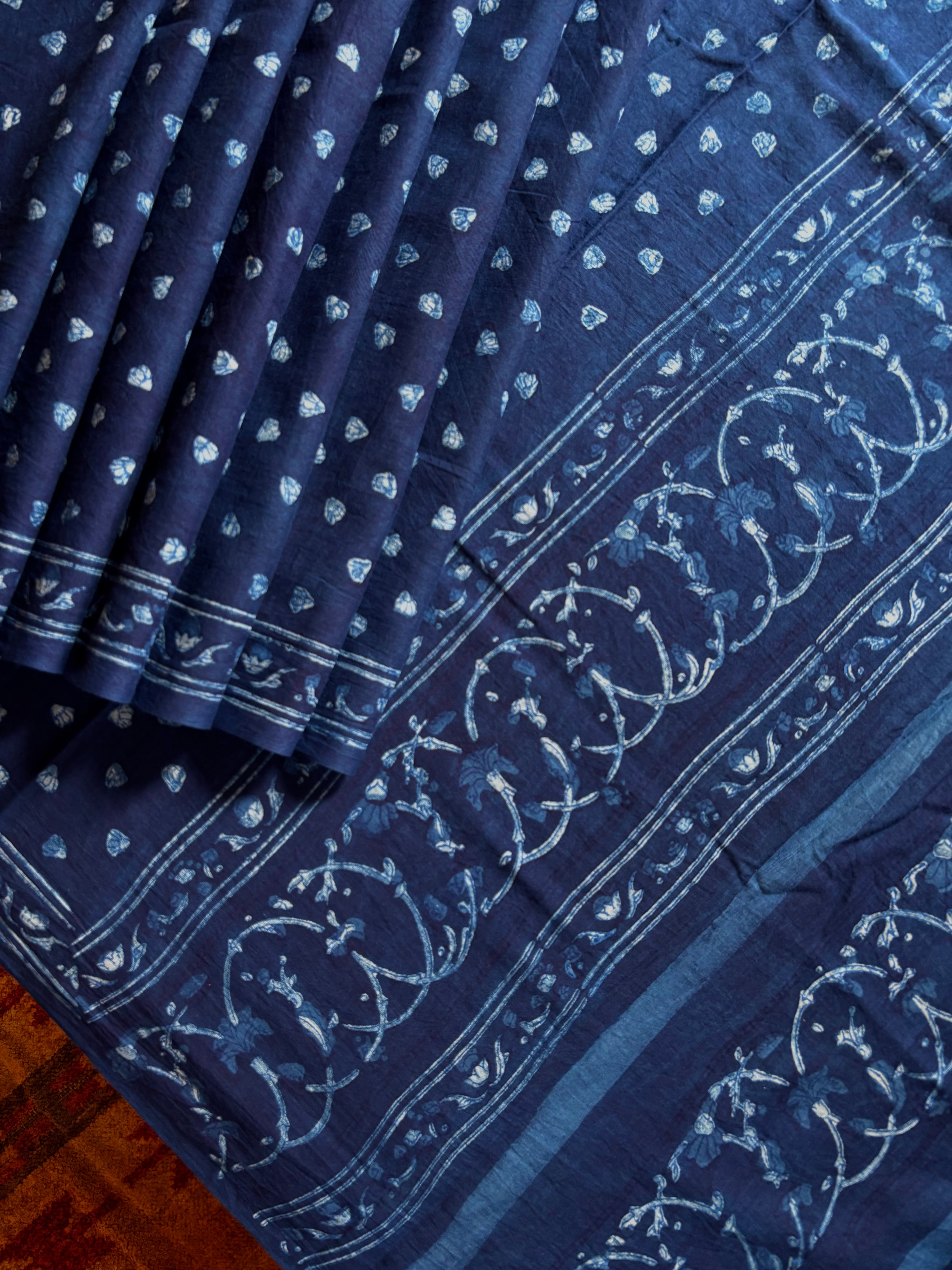 Bagh Handblock Printed Indigo Blue Cotton Saree