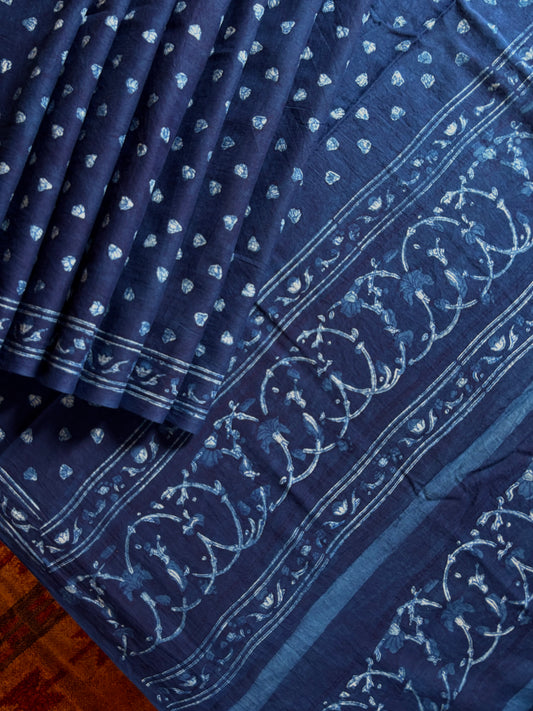Bagh Handblock Printed Indigo Blue Cotton Saree