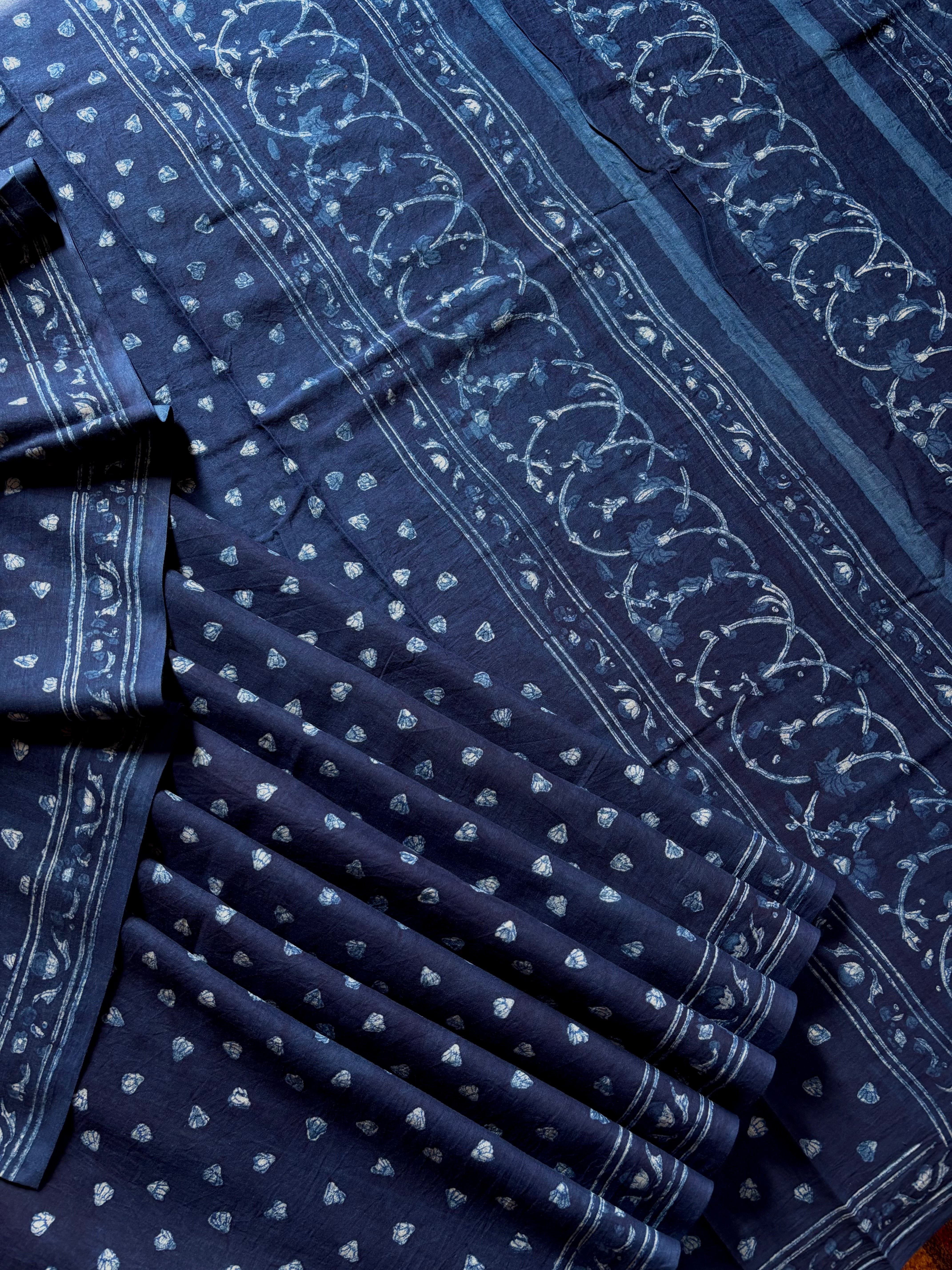 Bagh Handblock Printed Indigo Blue Cotton Saree