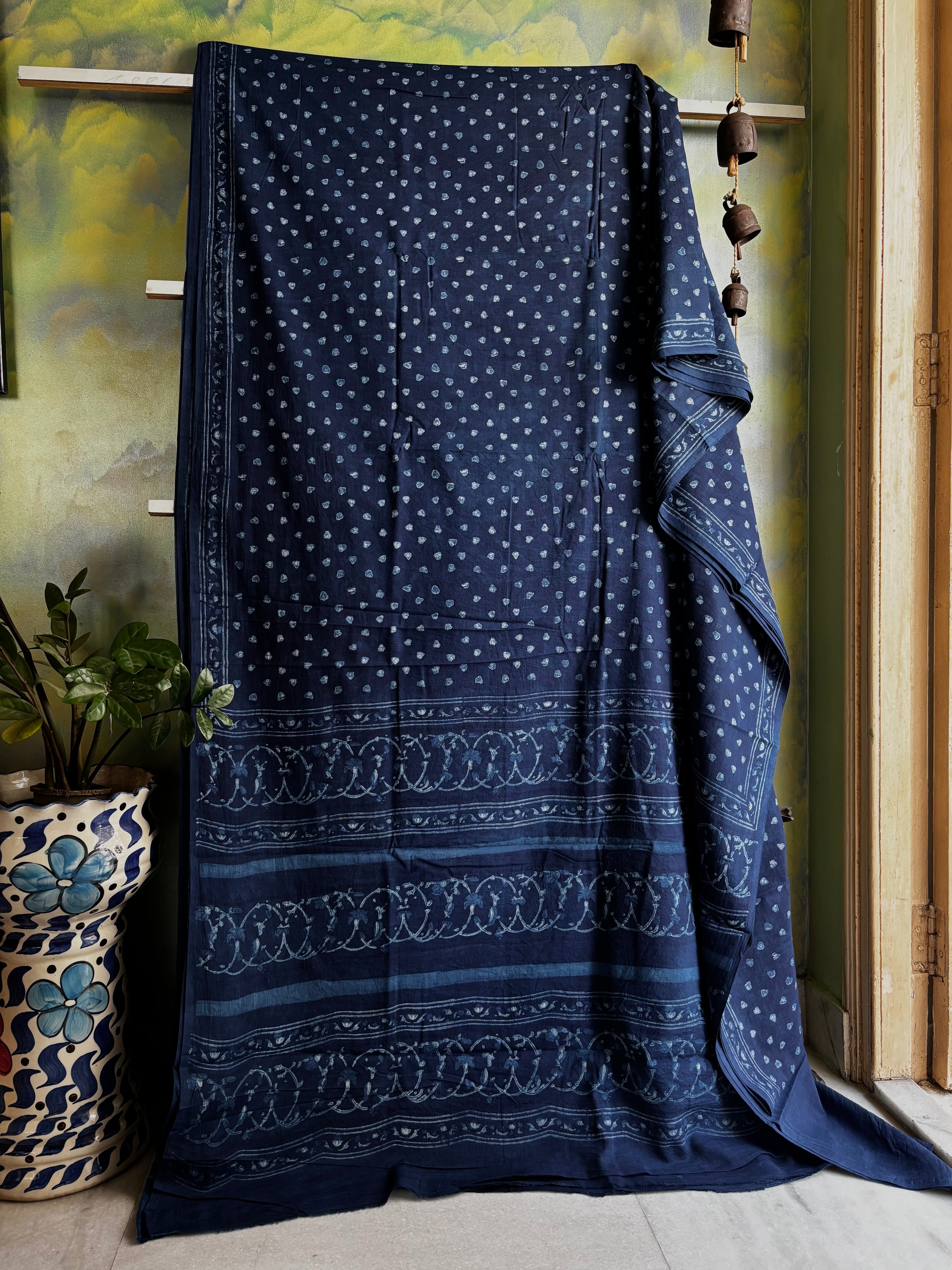 Bagh Handblock Printed Indigo Blue Cotton Saree