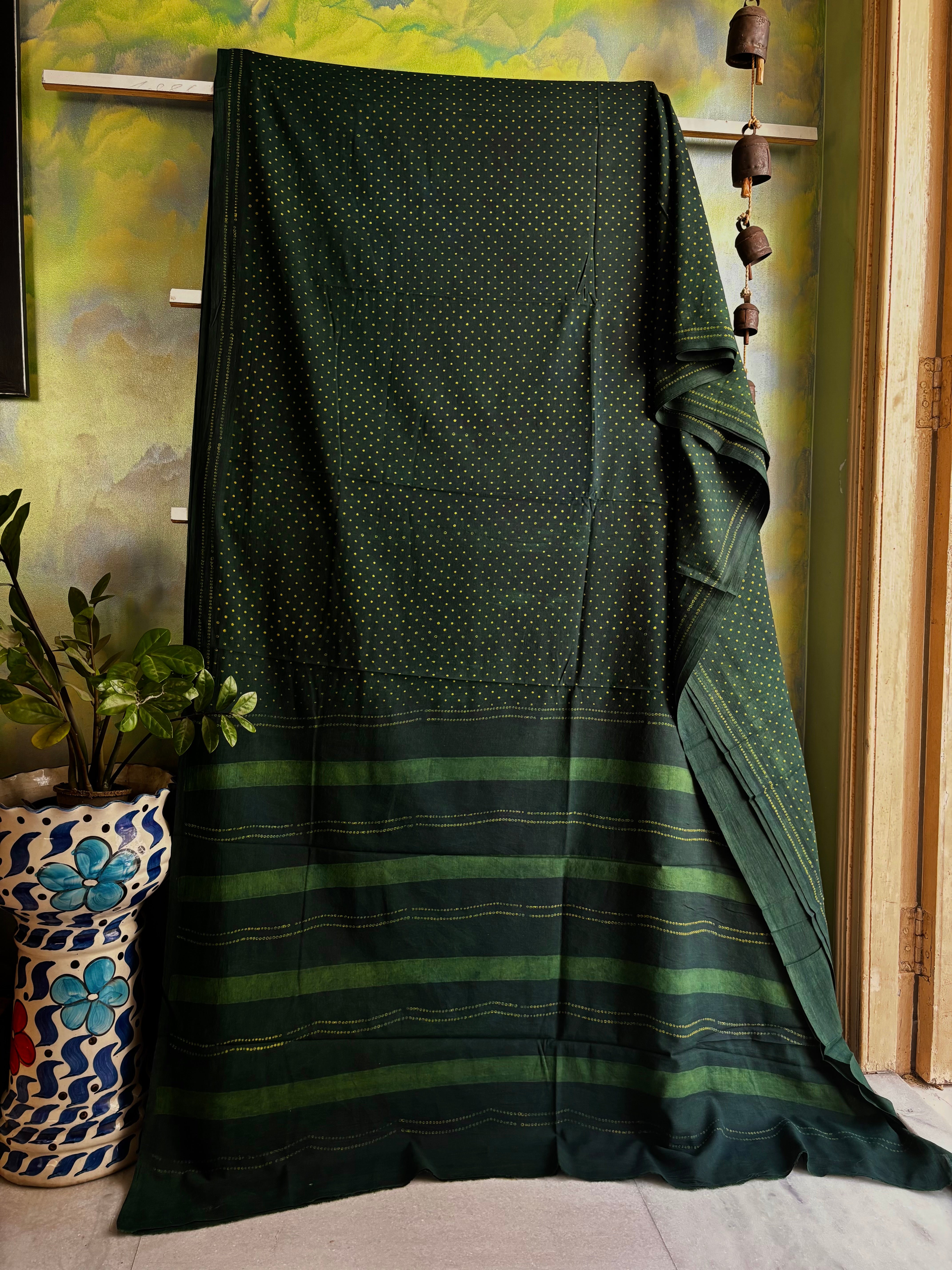 Bagh Handblock Printed Indigo Green Cotton Saree