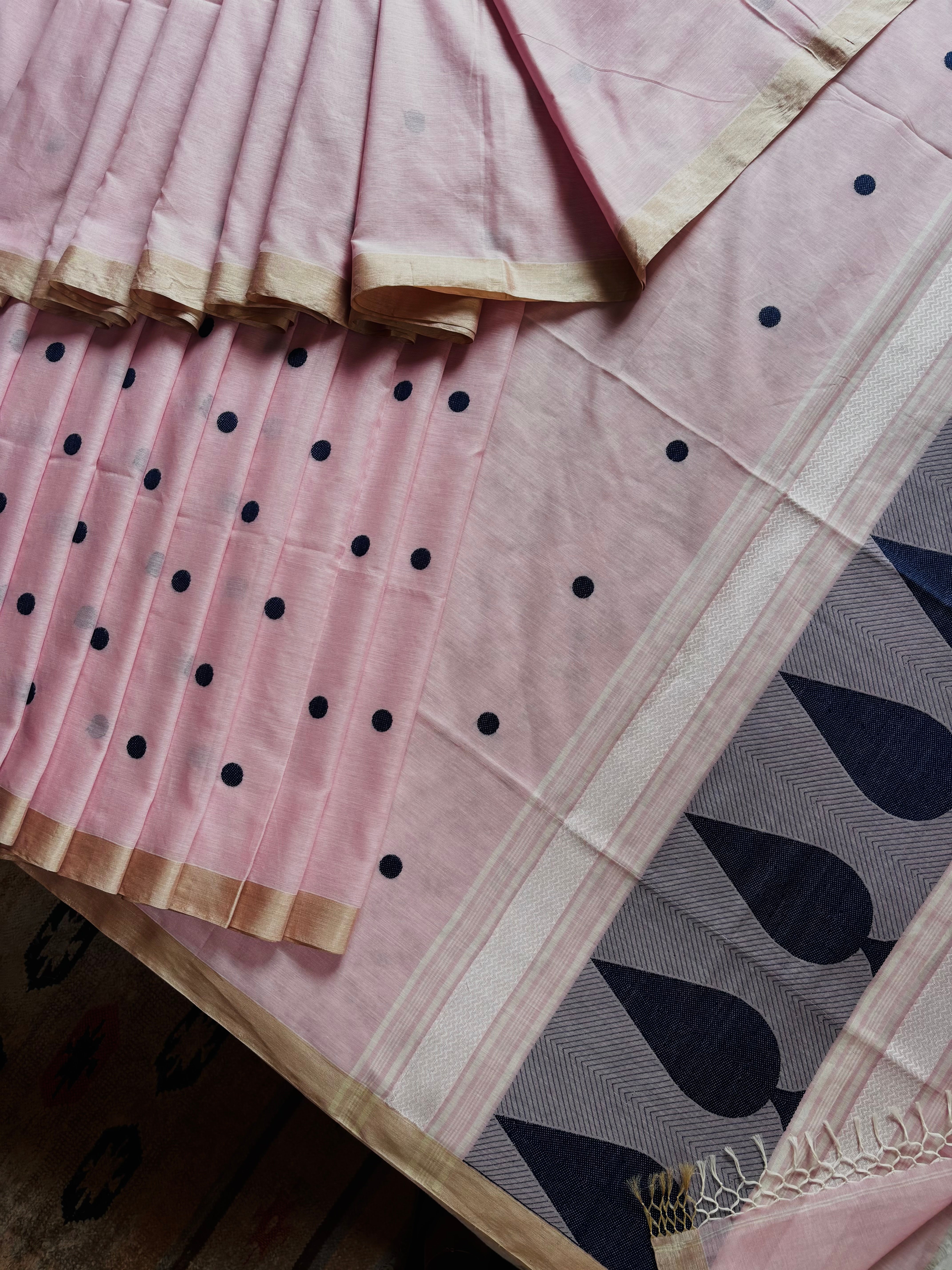 Handwoven Light Pink Navy Colour Phulia Cotton Saree