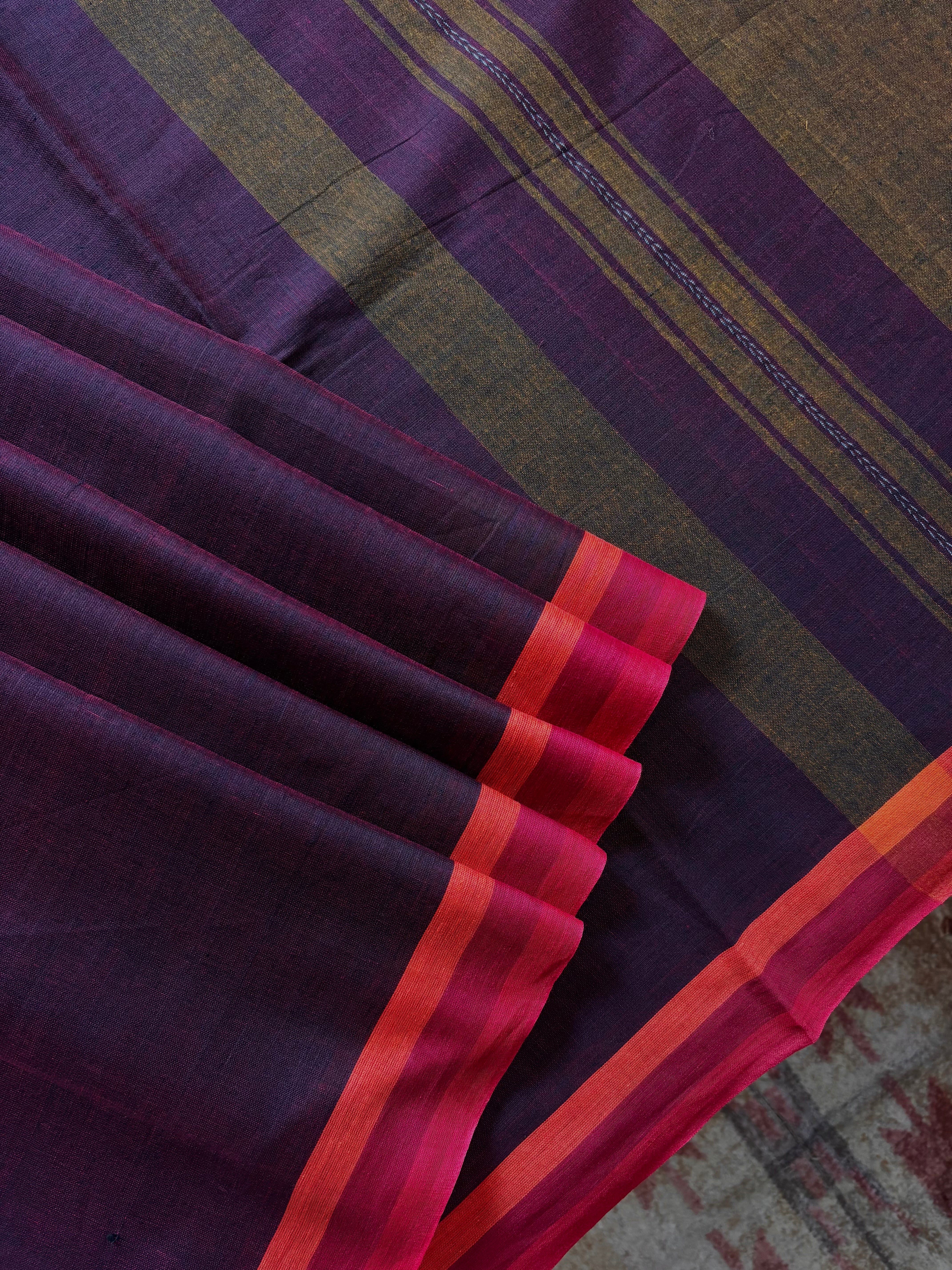 Handwoven Garnet Colour Cotton Dhonekhali Saree