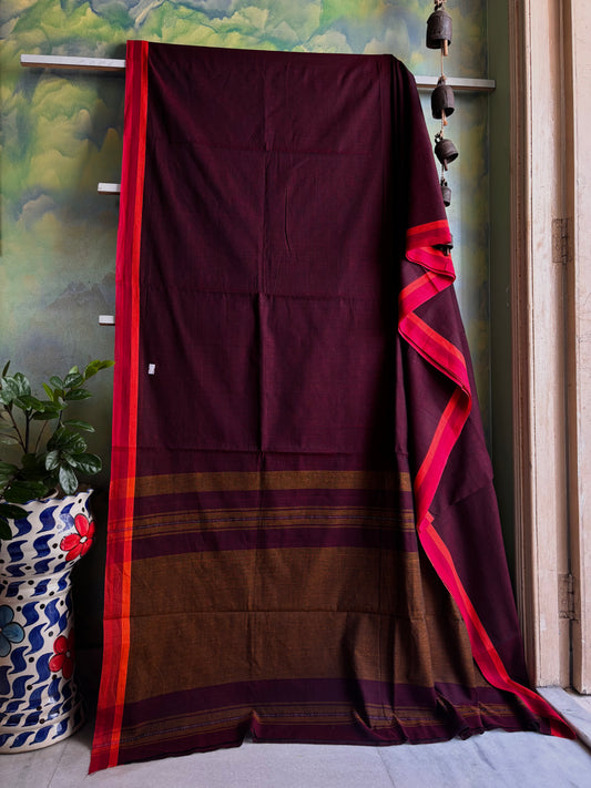Handwoven Garnet Colour Cotton Dhonekhali Saree
