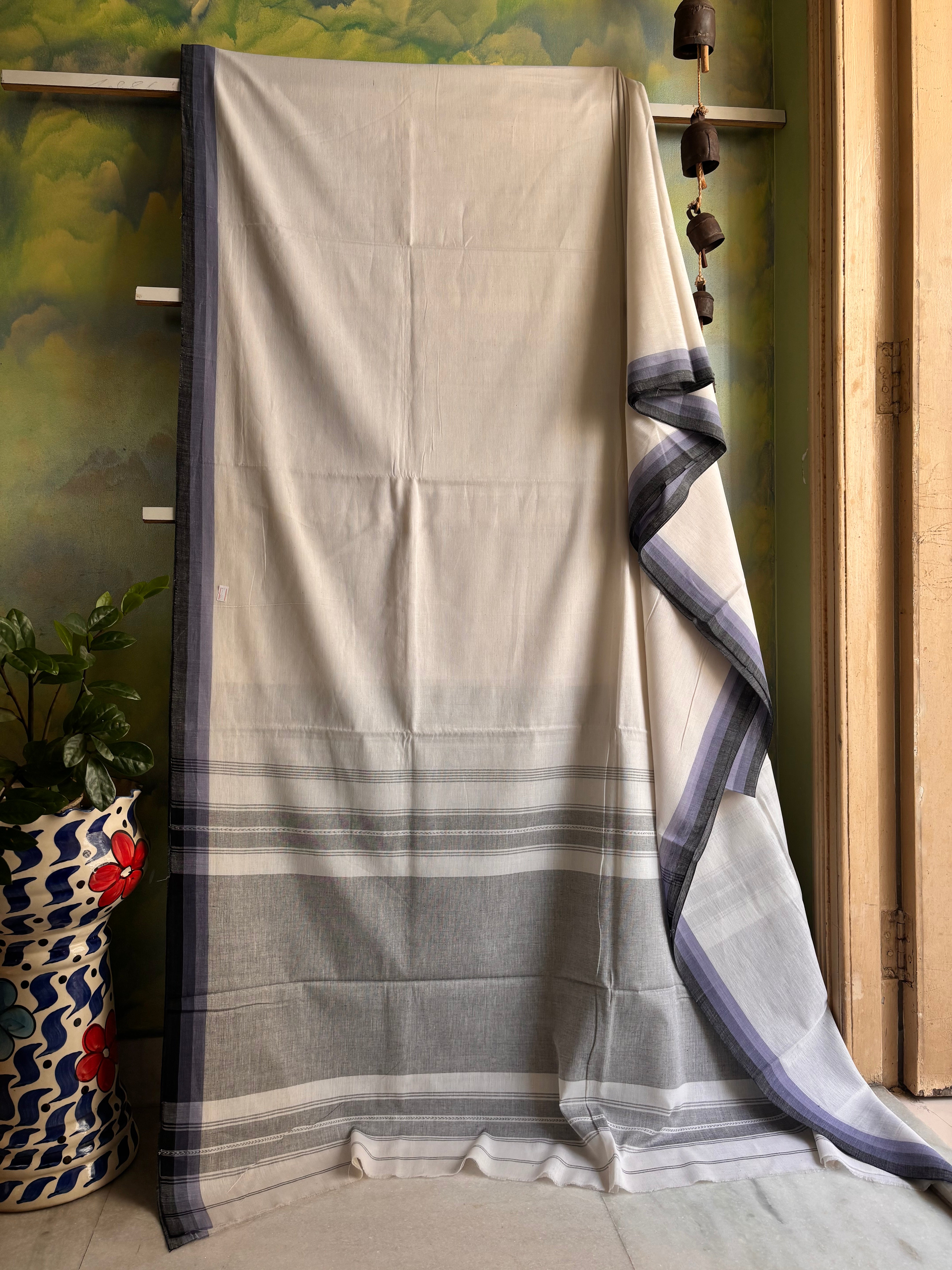 Handwoven White Colour Dhonekhali Cotton Saree