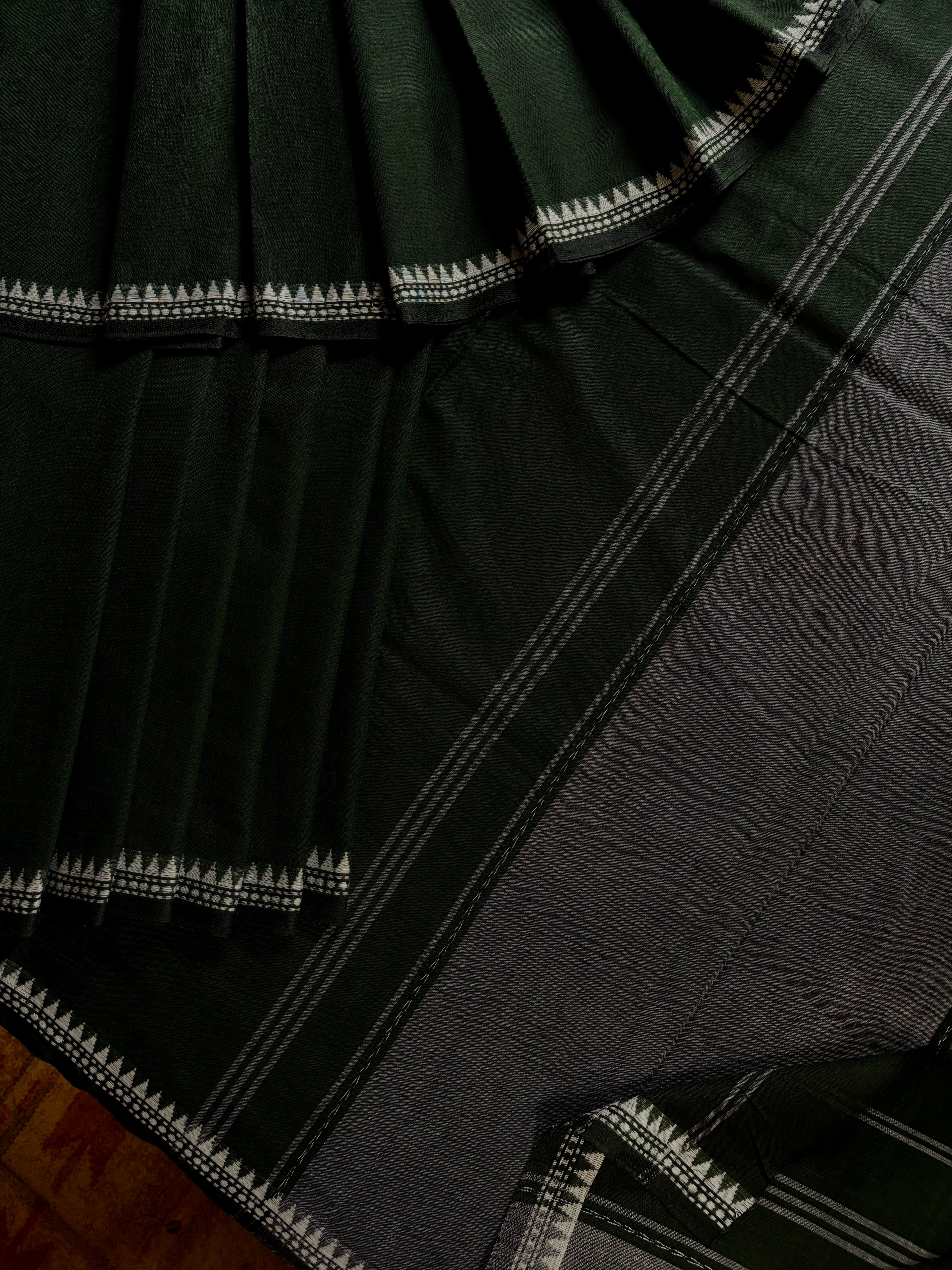 Handwoven Dark Bottle Green Cotton Dhonekhali Saree