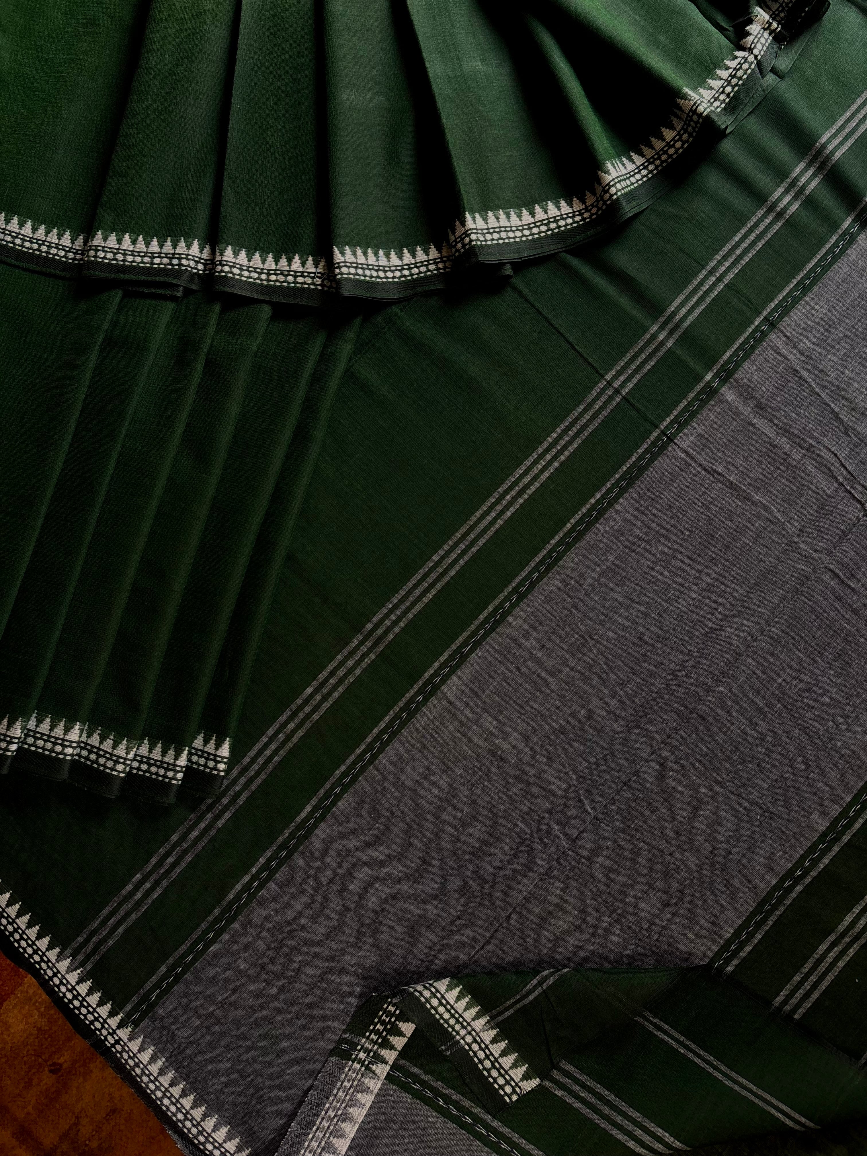 Handwoven Dark Bottle Green Cotton Dhonekhali Saree