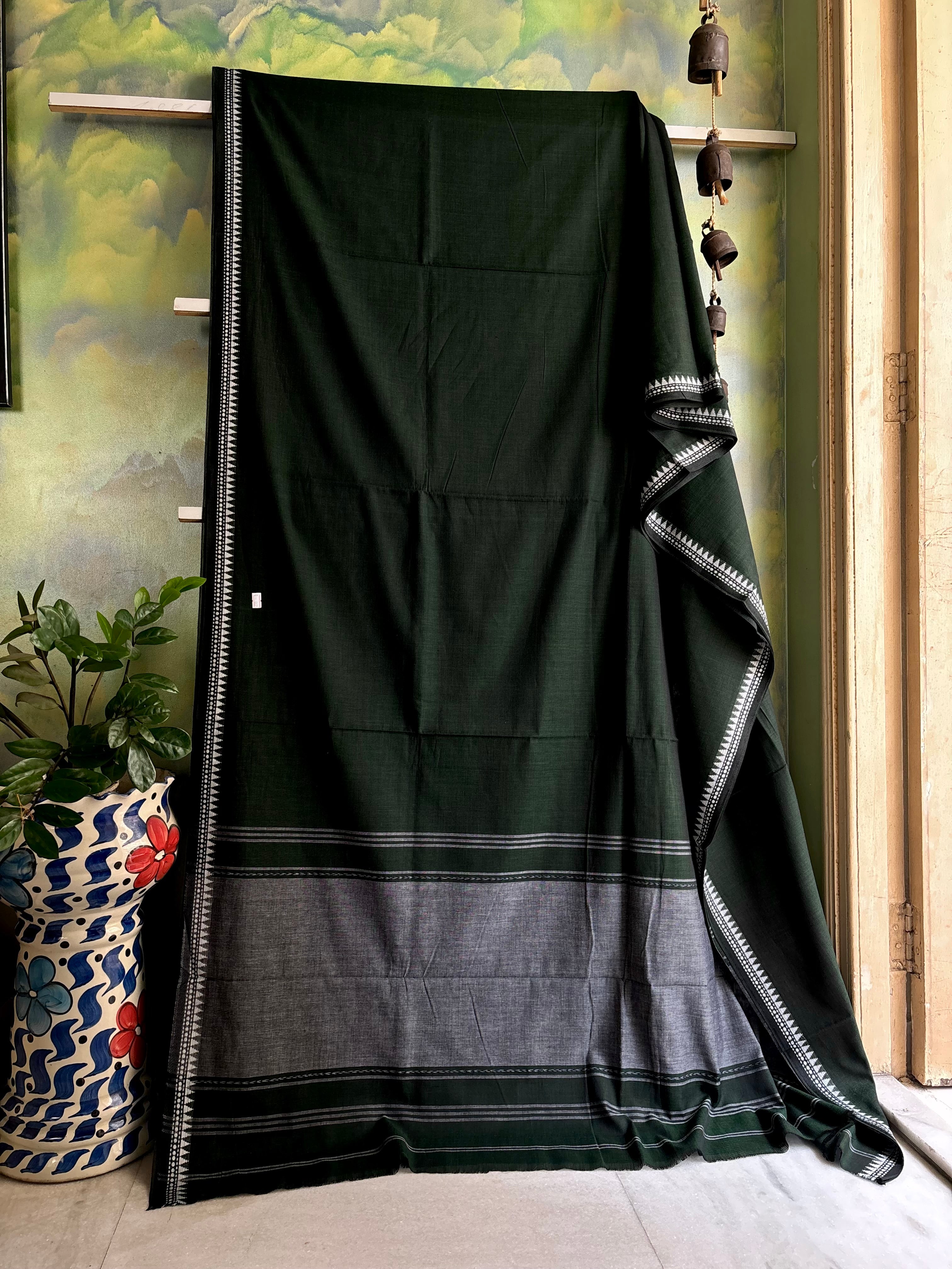 Handwoven Dark Bottle Green Cotton Dhonekhali Saree
