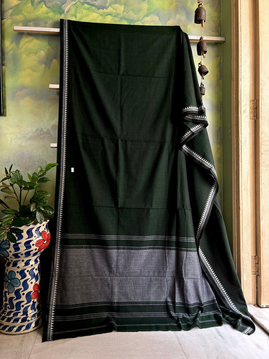 Handwoven Dark Bottle Green Cotton Dhonekhali Saree
