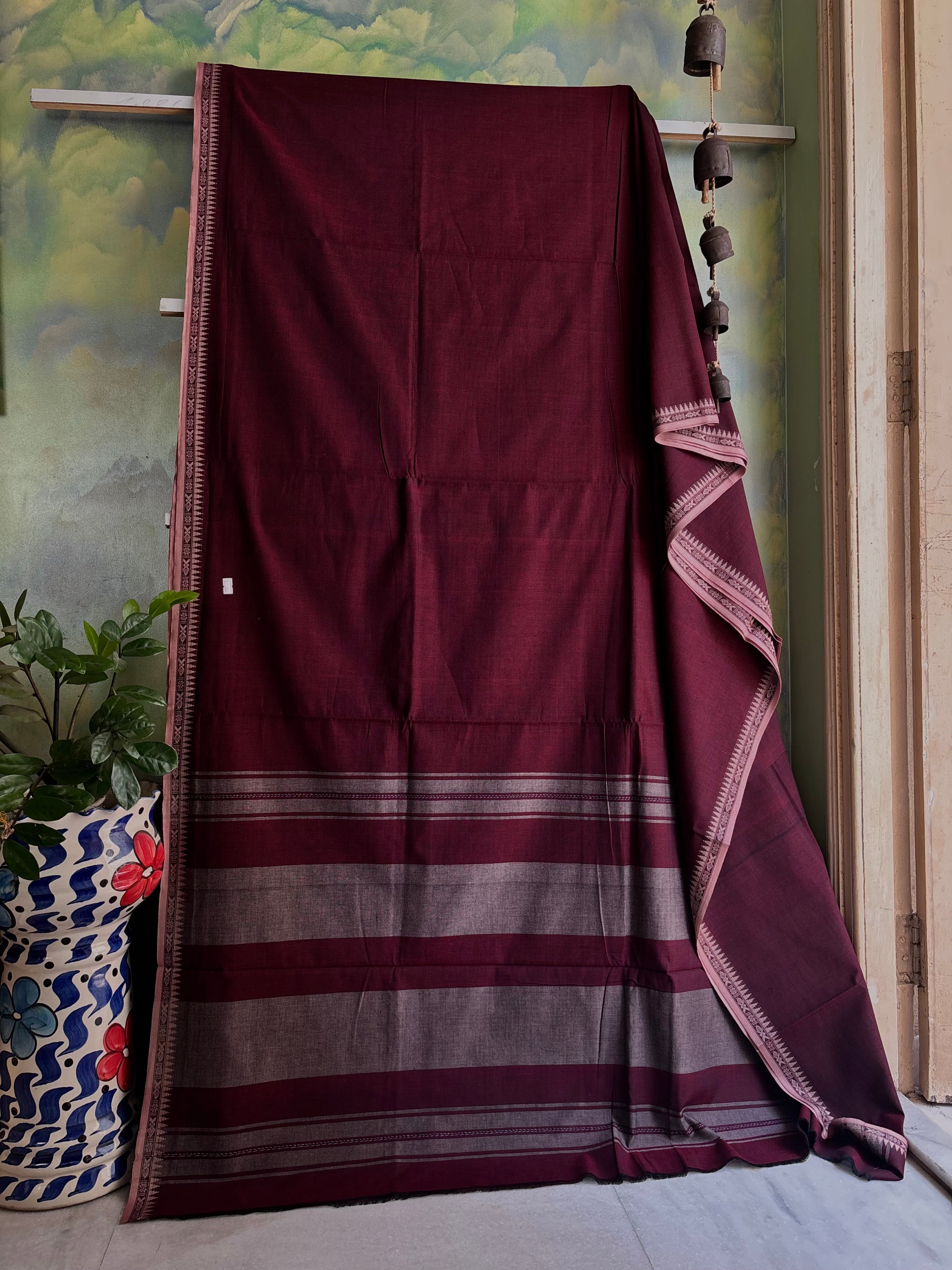 Handwoven Maroon Colour Cotton Dhonekhali Sarees