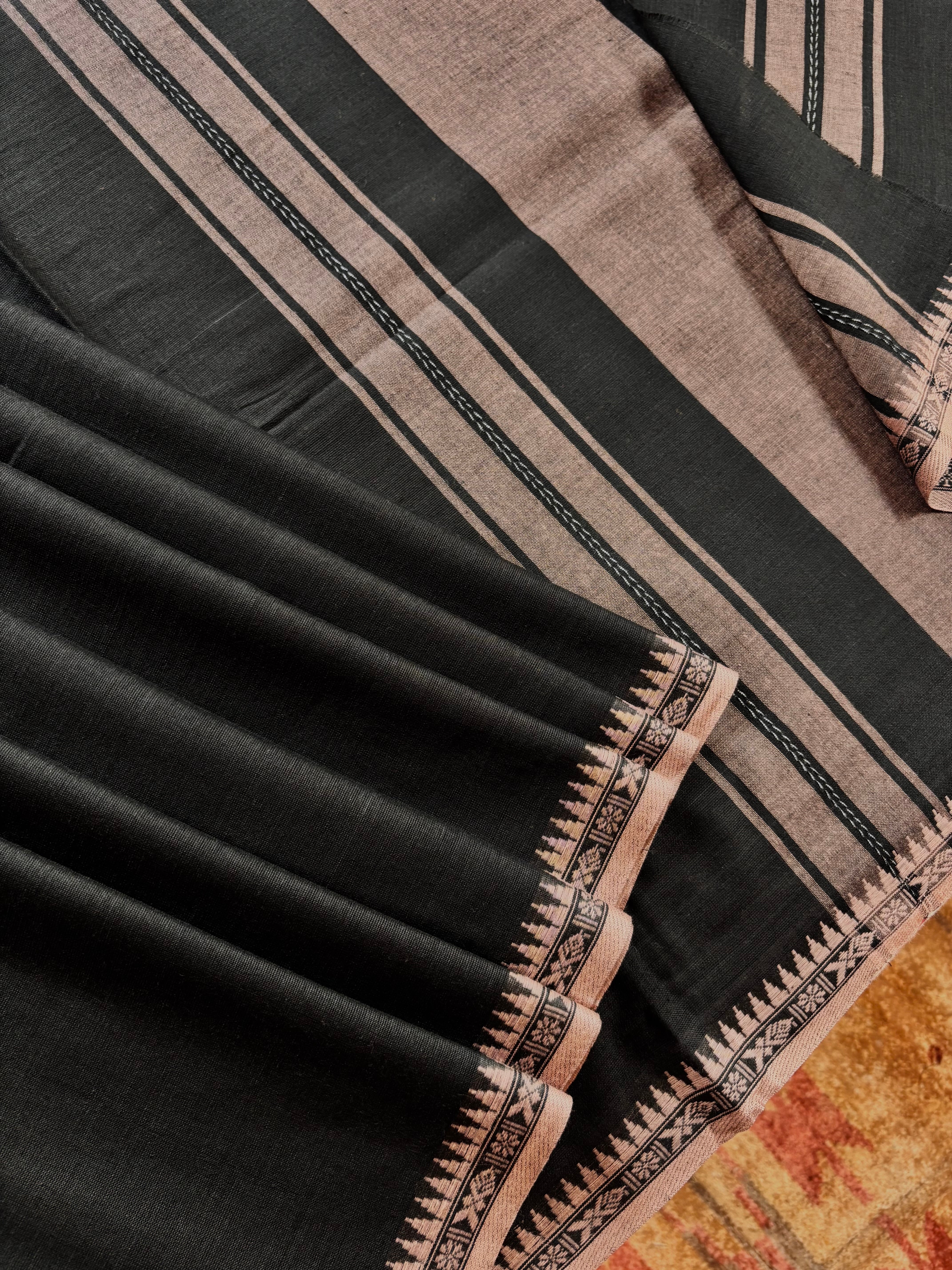 Handwoven Black Colour Cotton Dhonekhali Saree