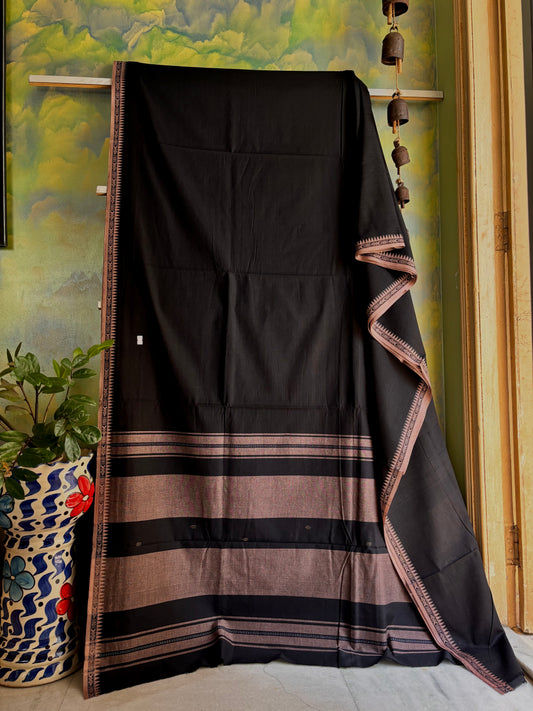 Handwoven Black Colour Cotton Dhonekhali Saree