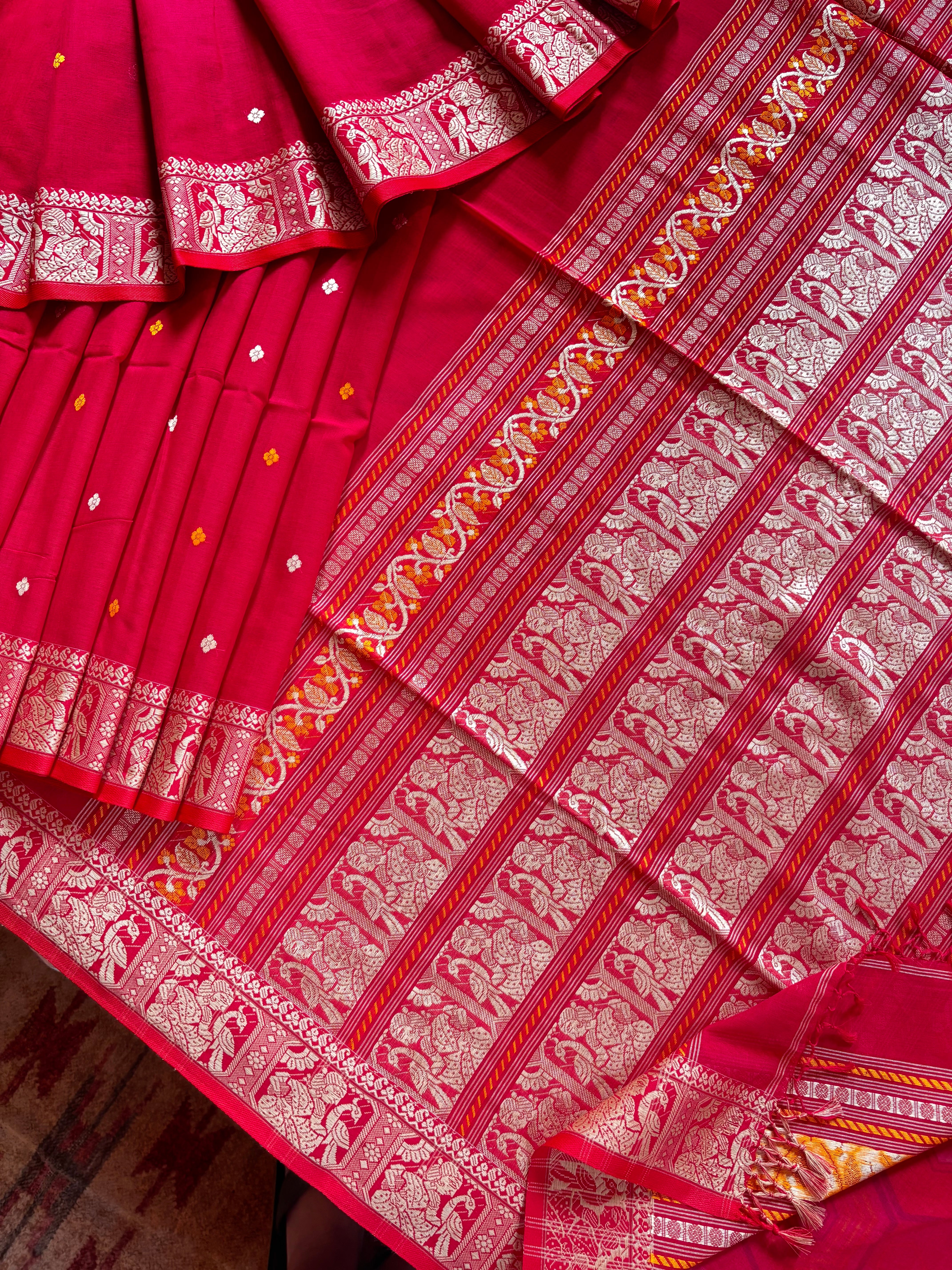 Handwoven Red Colour Cotton Baluchari Saree