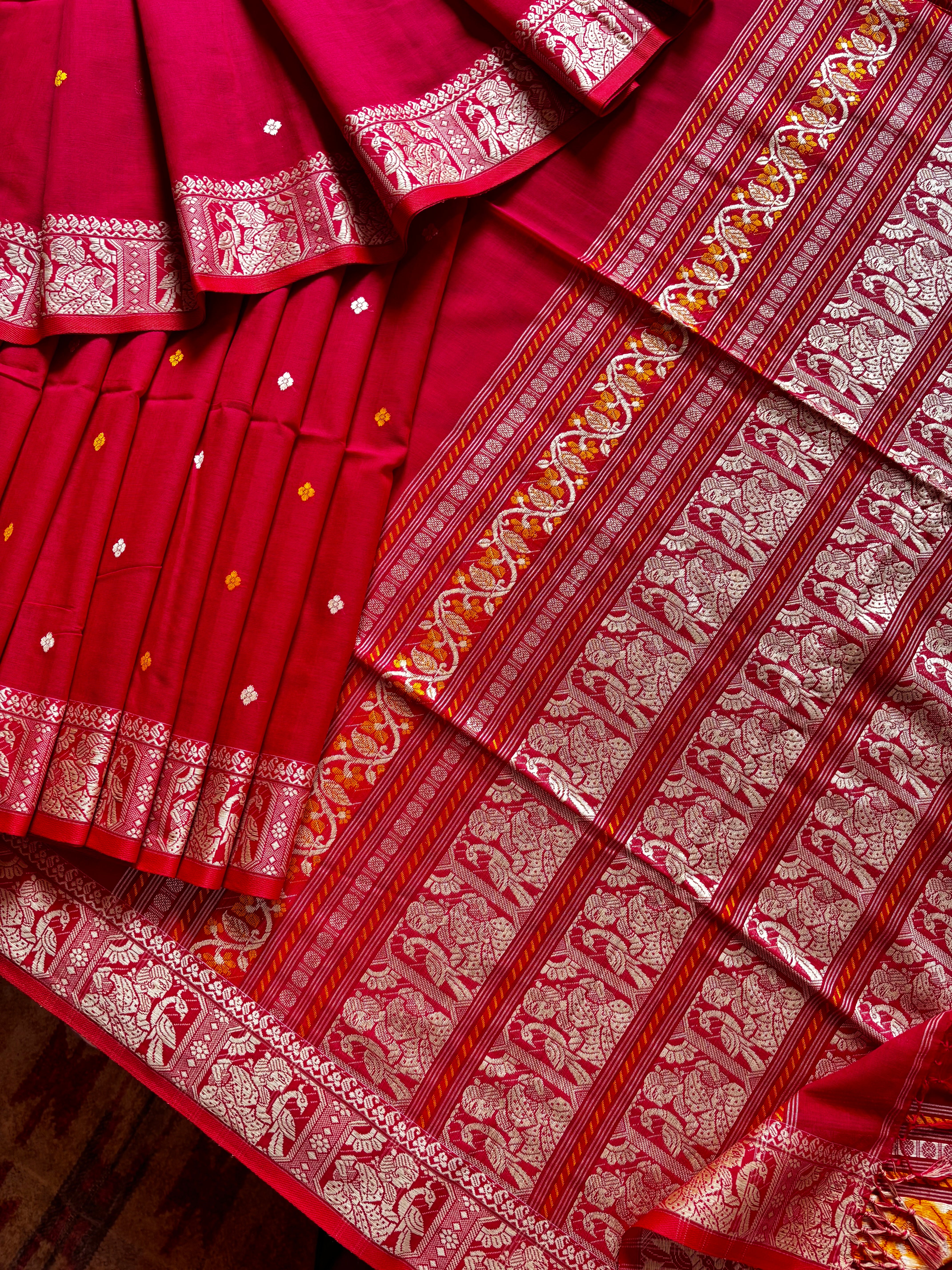 Handwoven Red Colour Cotton Baluchari Saree