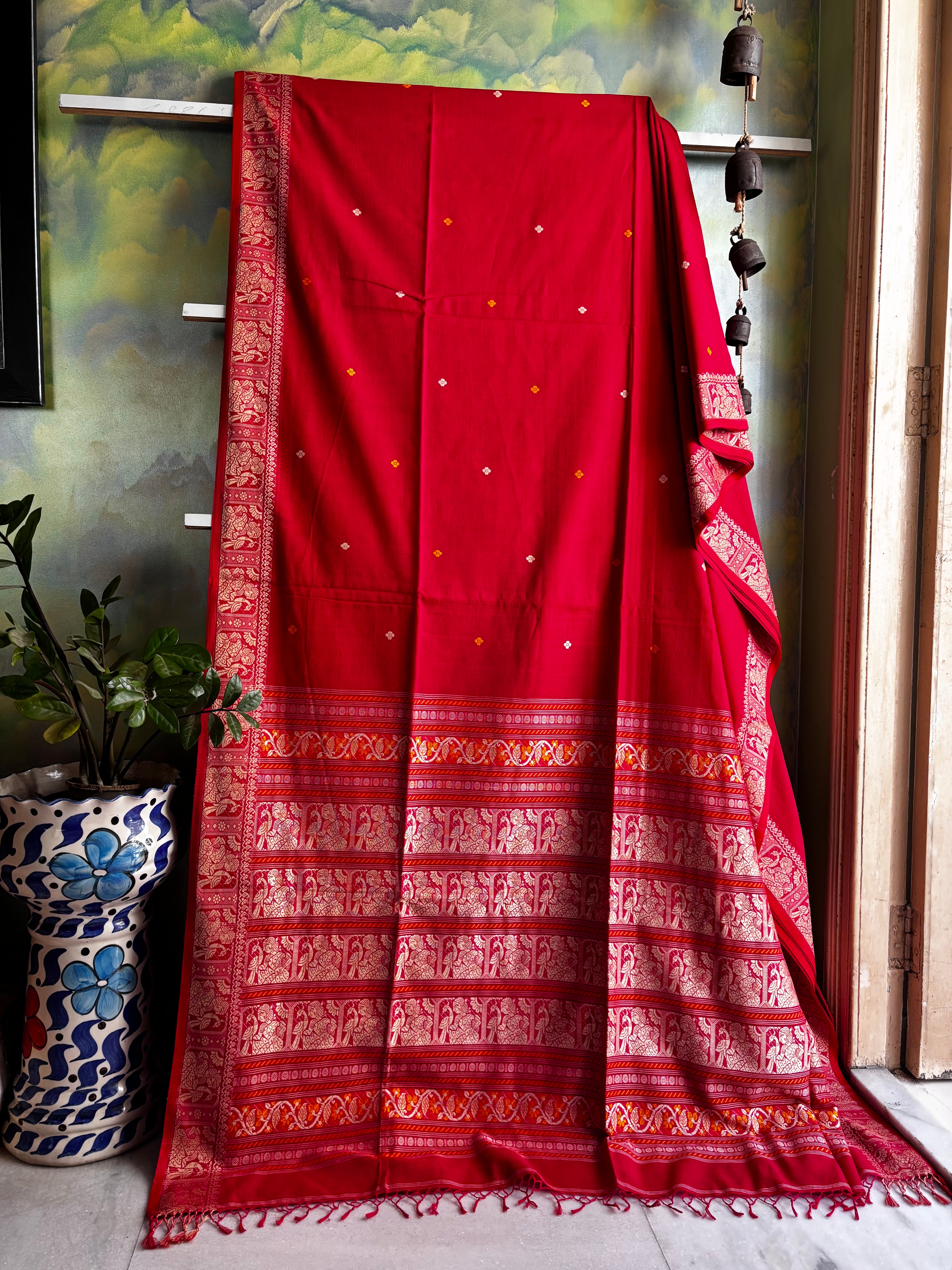 Handwoven Red Colour Cotton Baluchari Saree