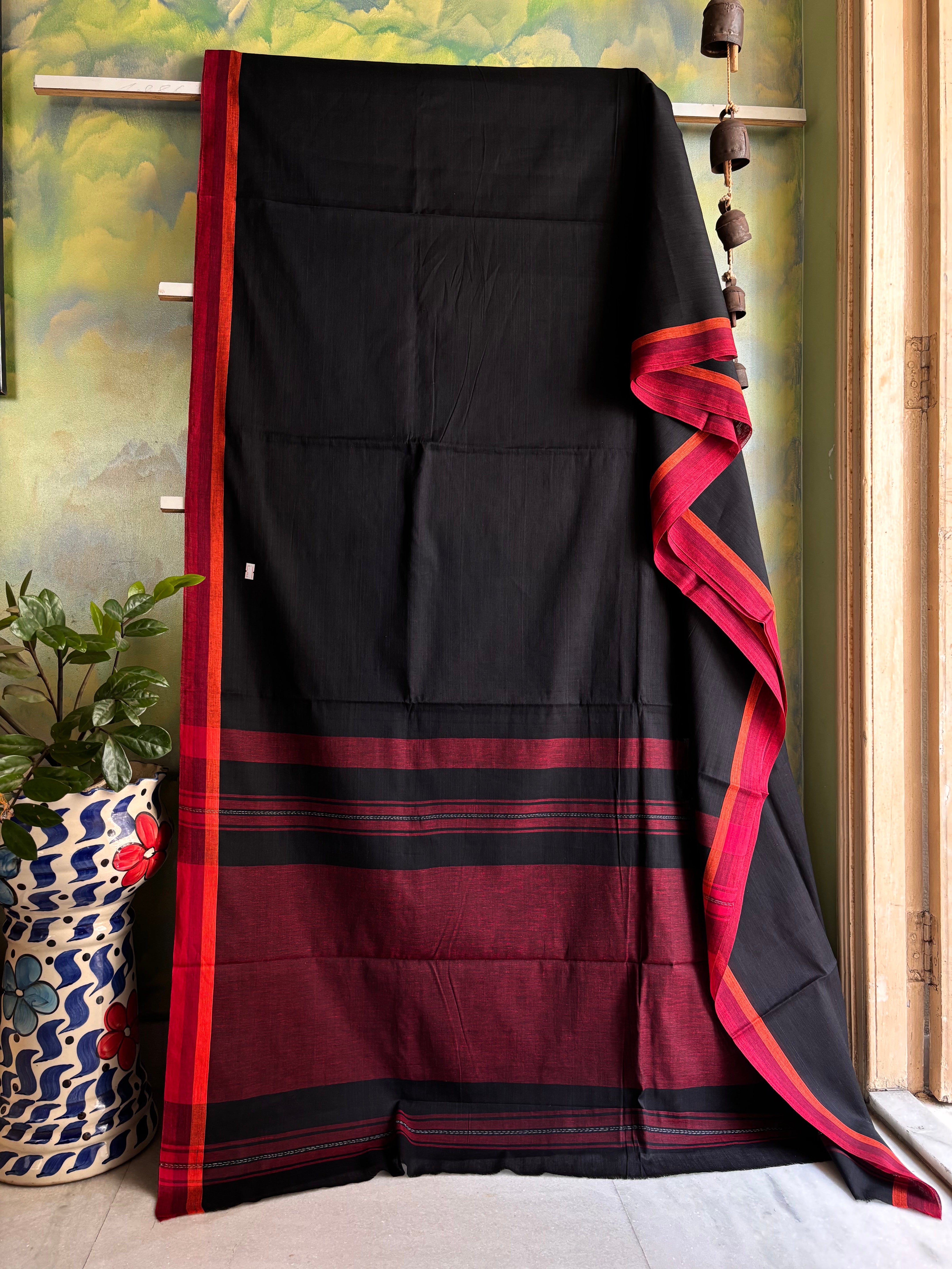 Handwoven Black Colour Cotton Dhonekhali Saree