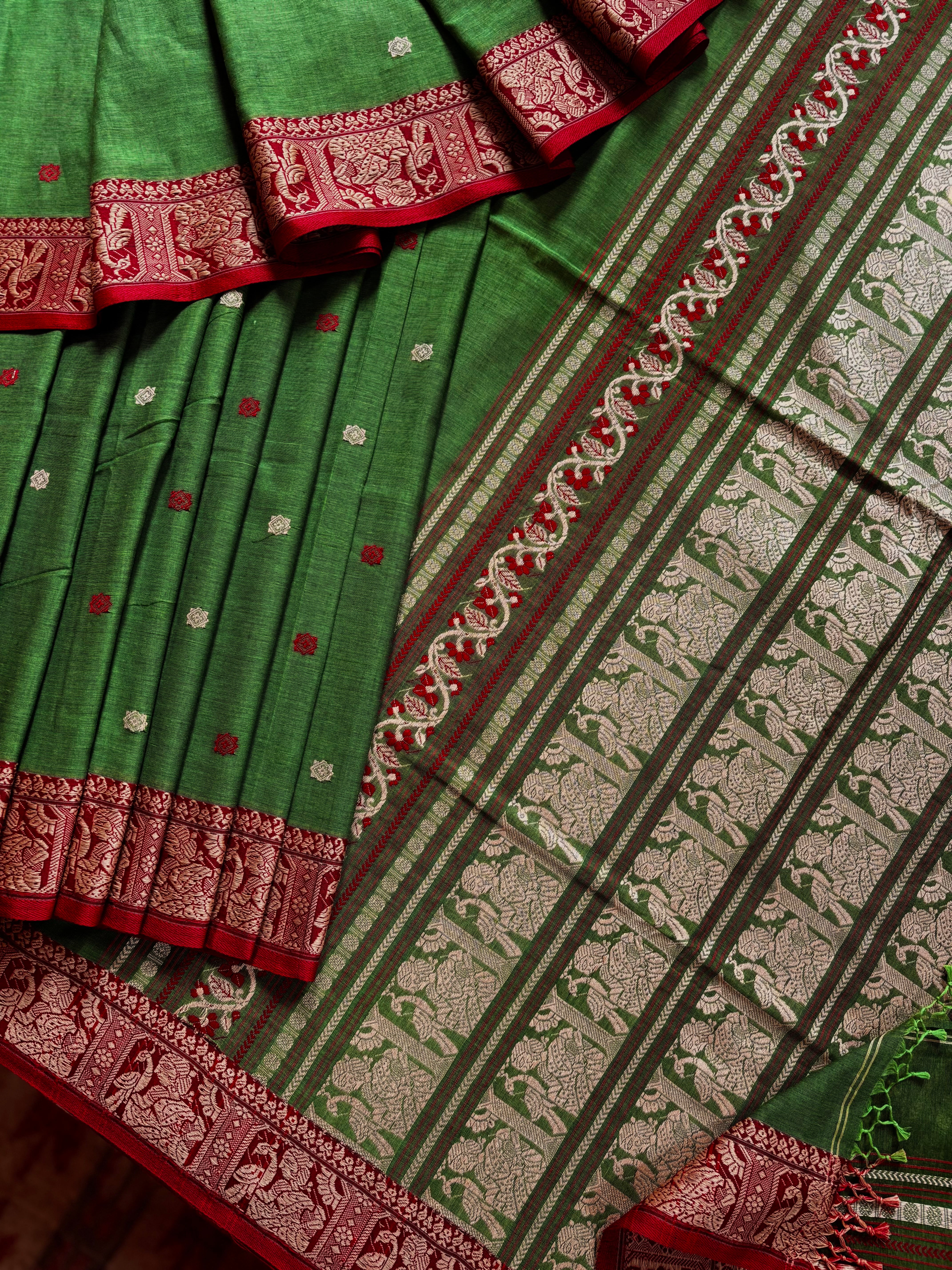 Handwoven Light Green Red Cotton Baluchari Saree