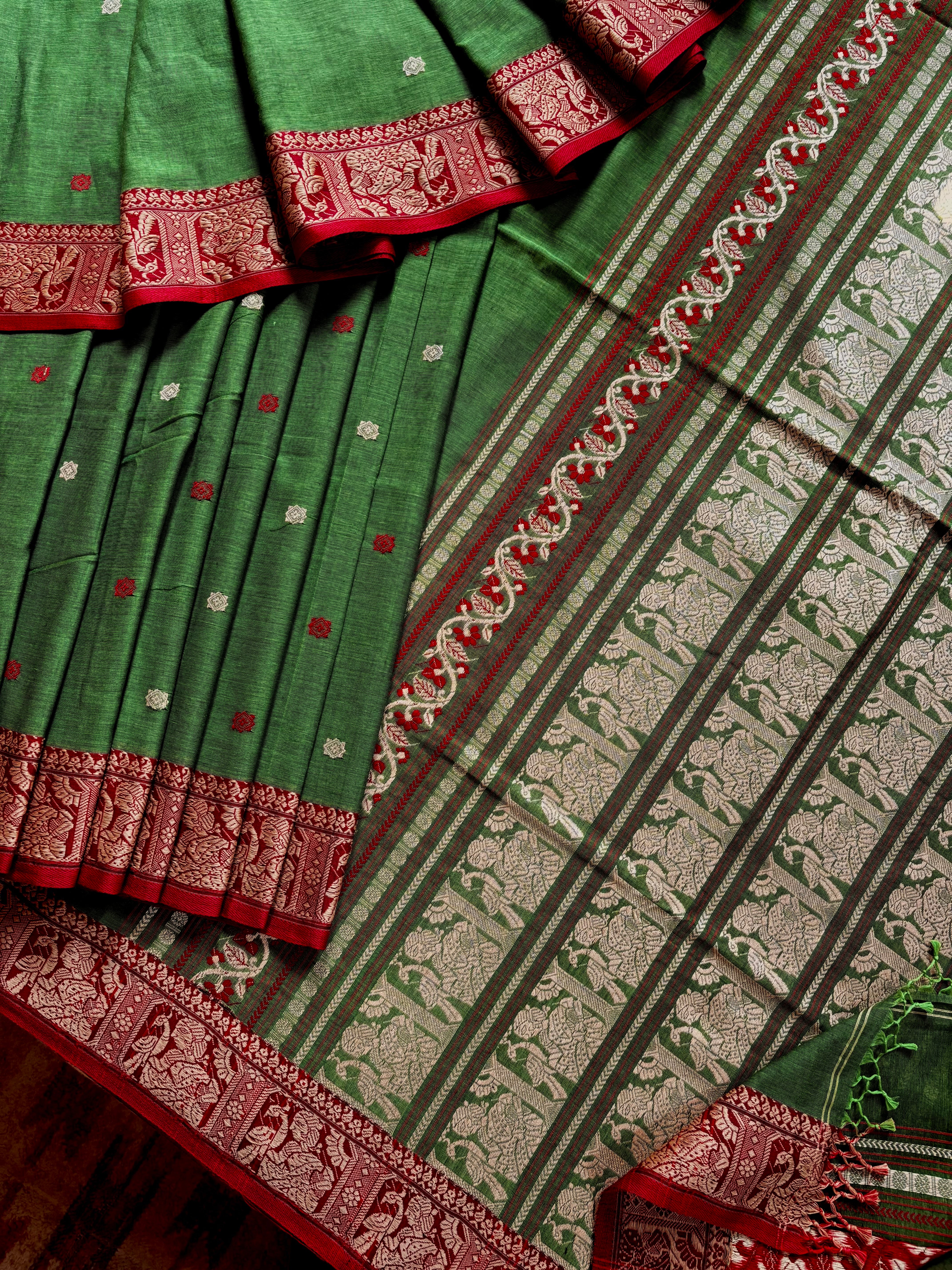 Handwoven Light Green Red Cotton Baluchari Saree