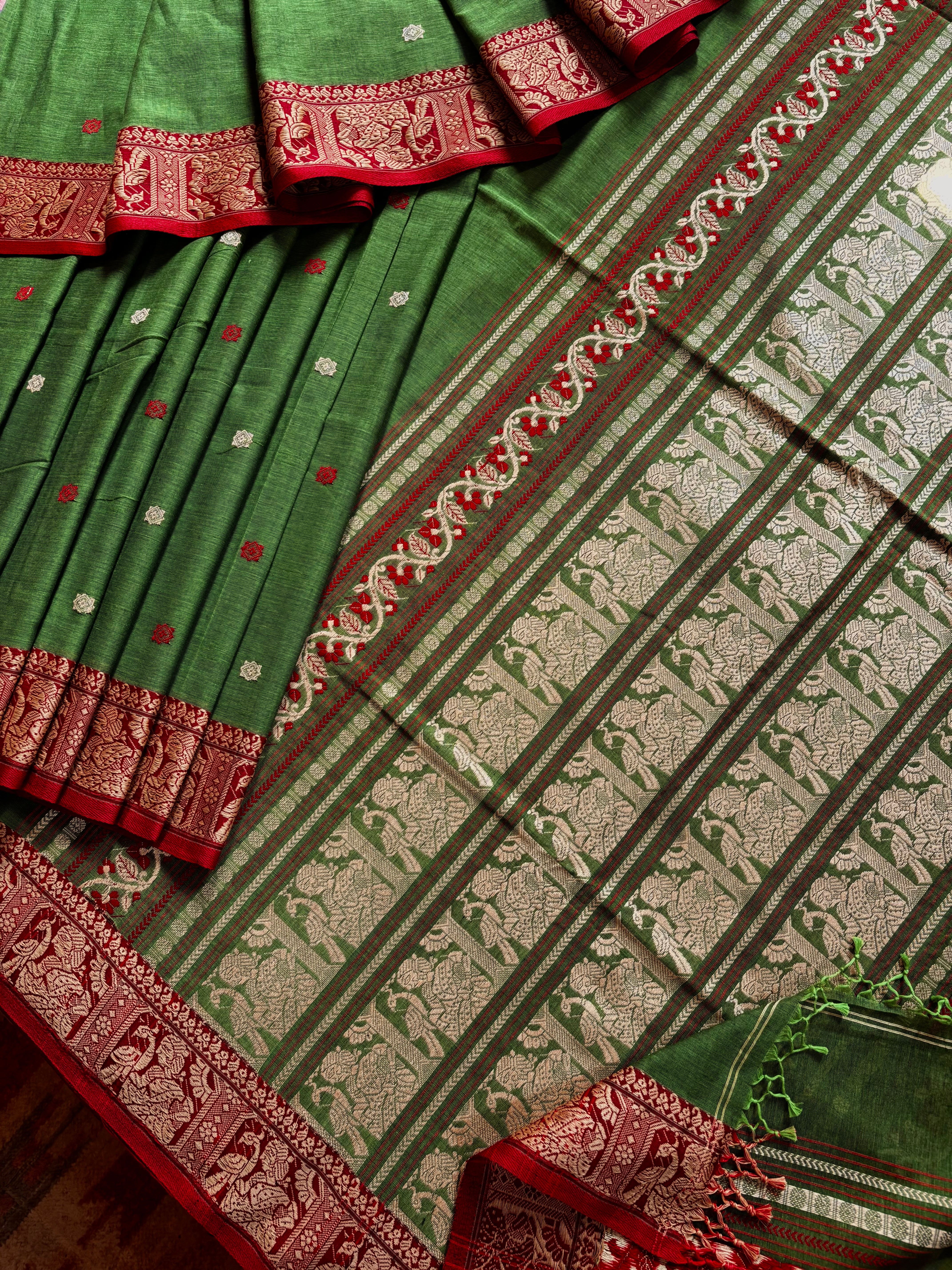 Handwoven Light Green Red Cotton Baluchari Saree