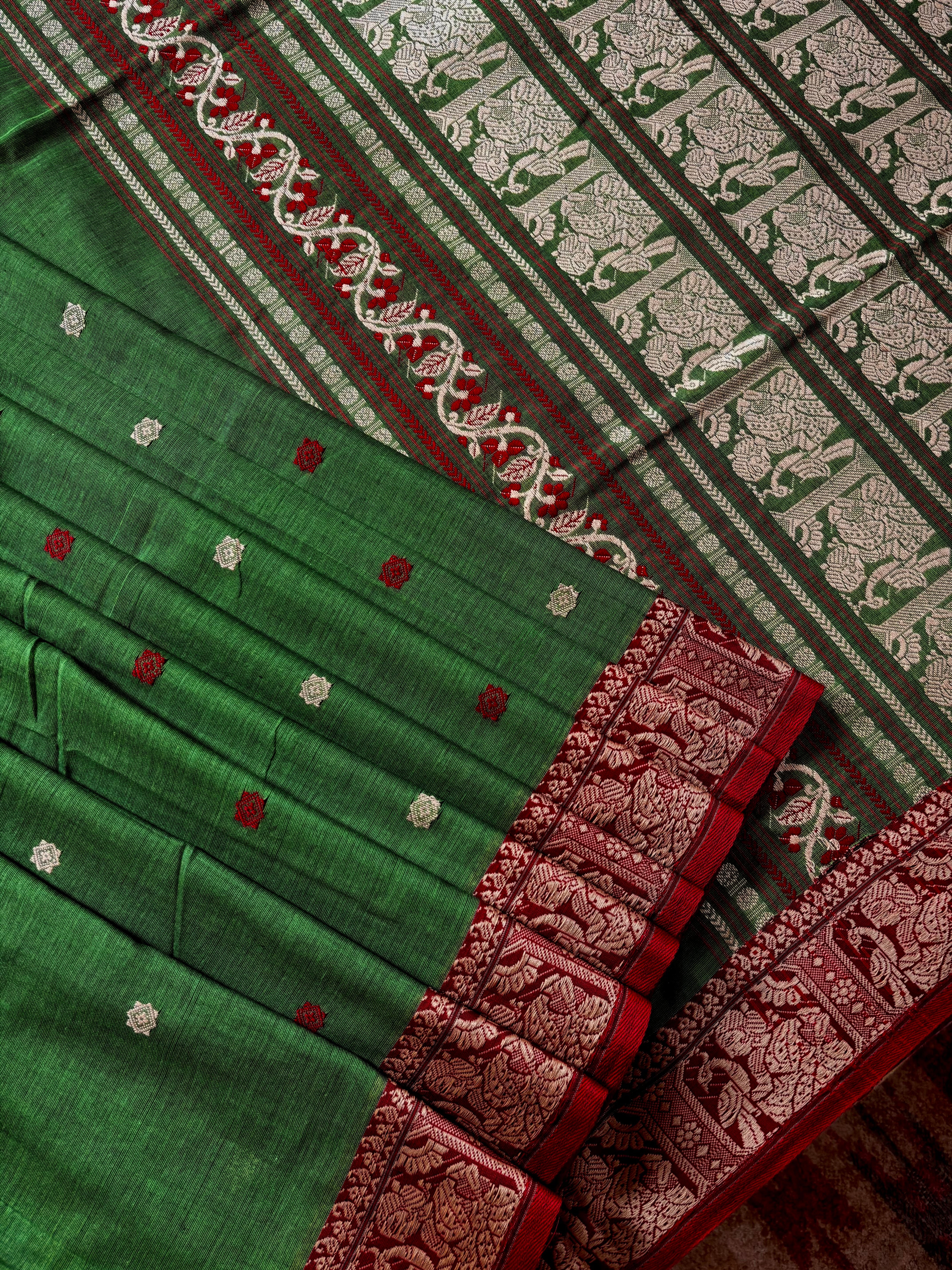 Handwoven Light Green Red Cotton Baluchari Saree