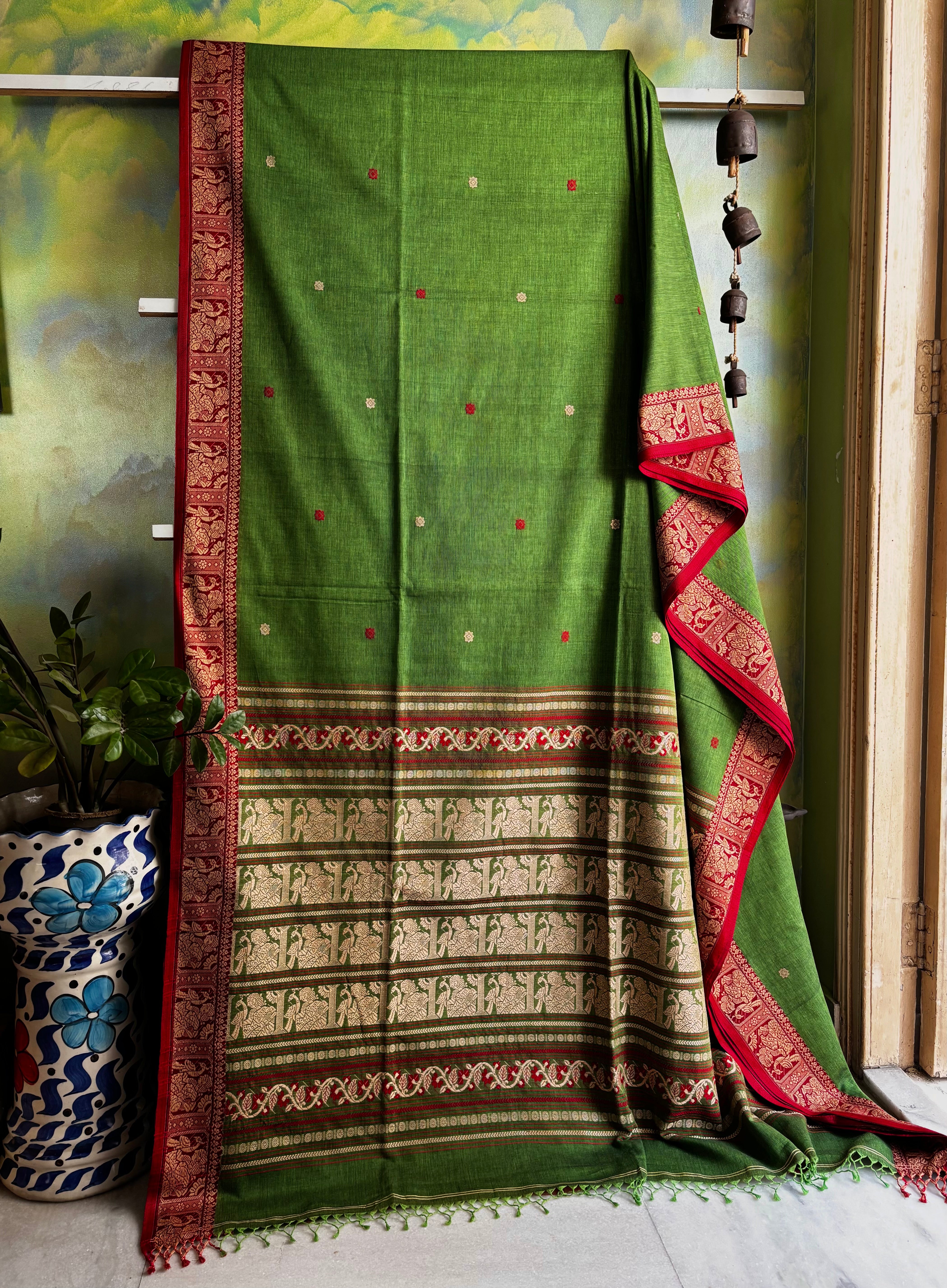 Handwoven Light Green Red Cotton Baluchari Saree