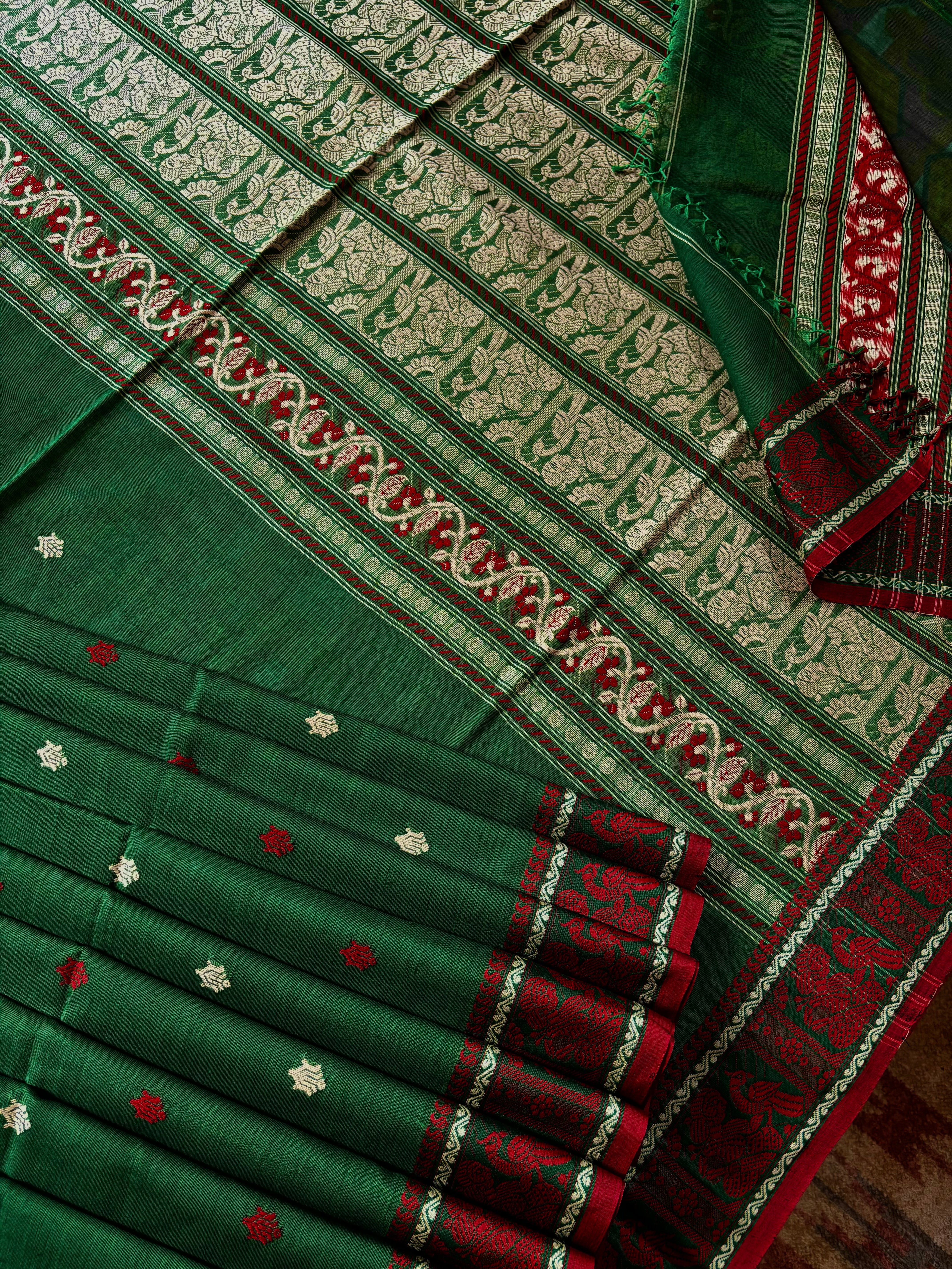 Handwoven Green Red Cotton Baluchari Saree