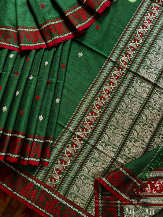 Handwoven Green Red Cotton Baluchari Saree