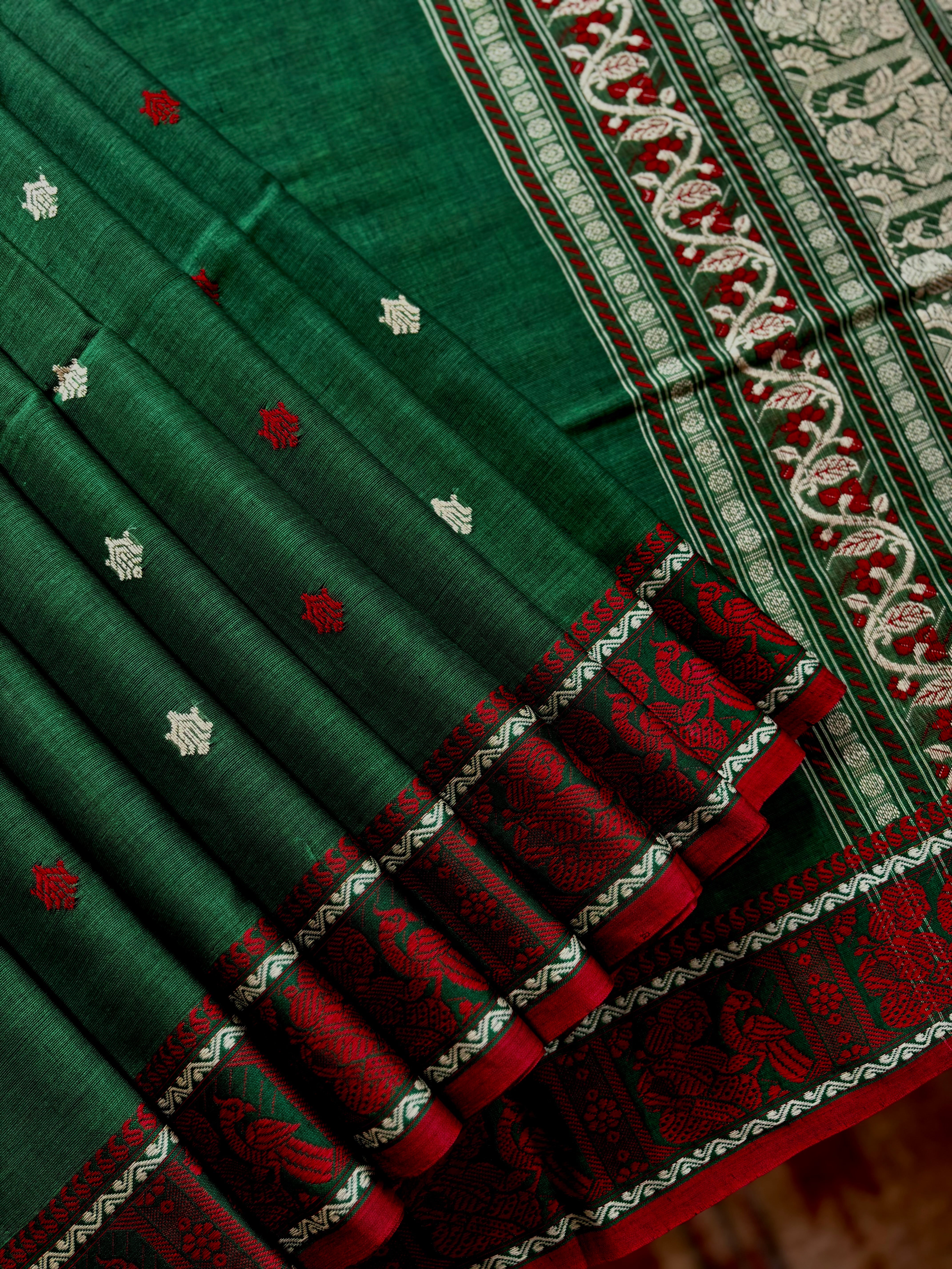 Handwoven Green Red Cotton Baluchari Saree