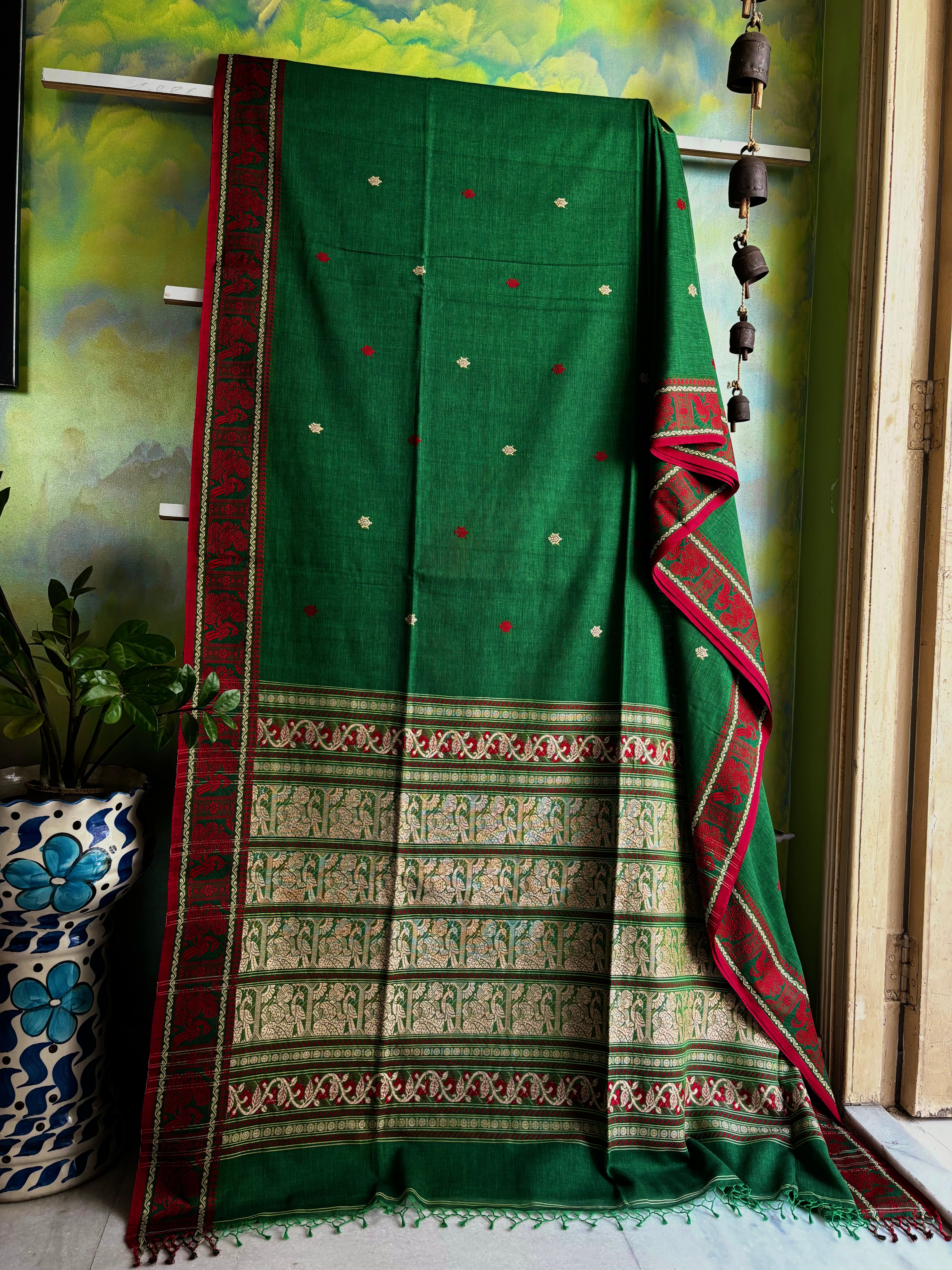 Handwoven Green Red Cotton Baluchari Saree