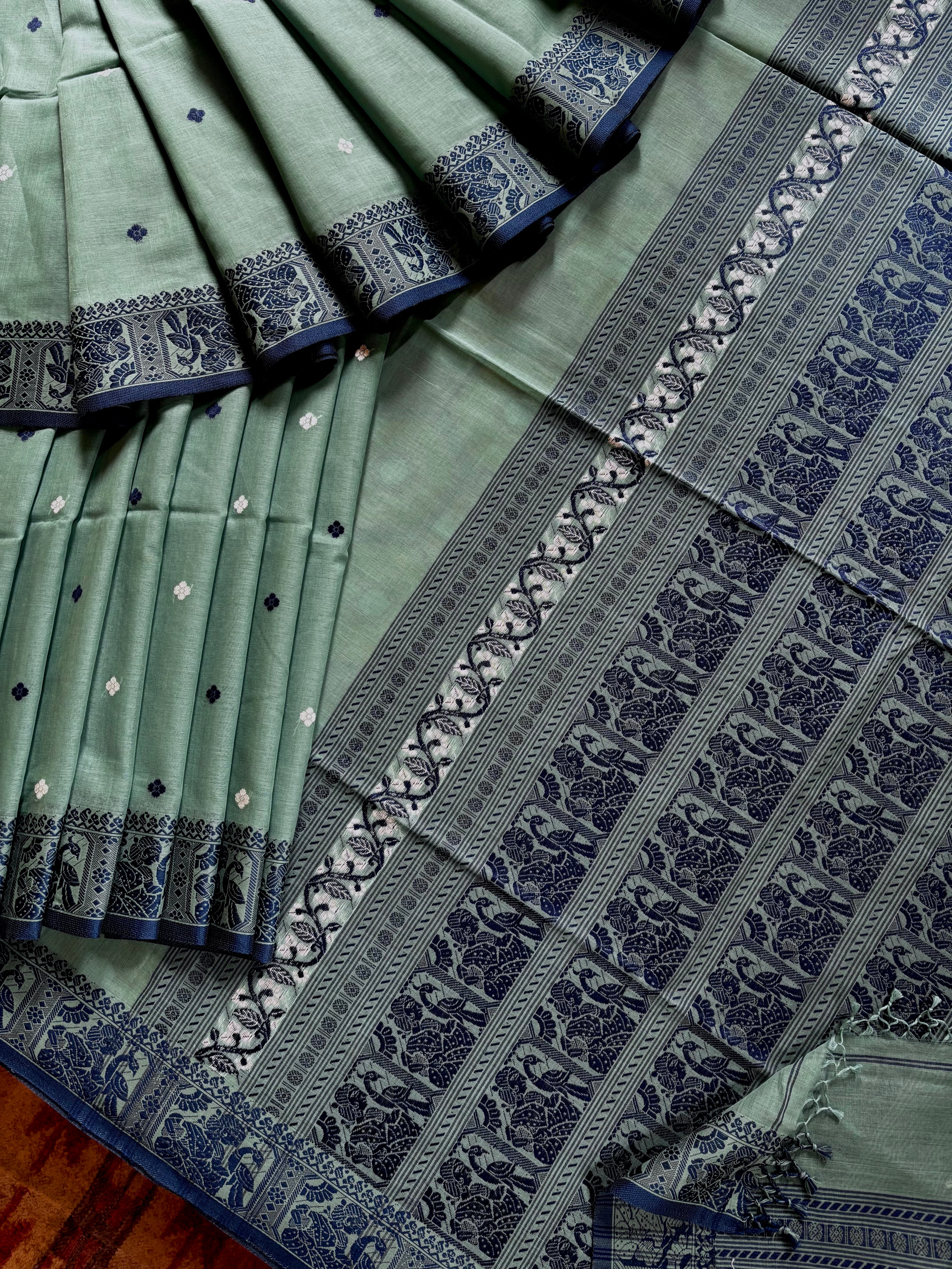 Handwoven Dusty Bluish Handwoven Cotton Baluchari Saree