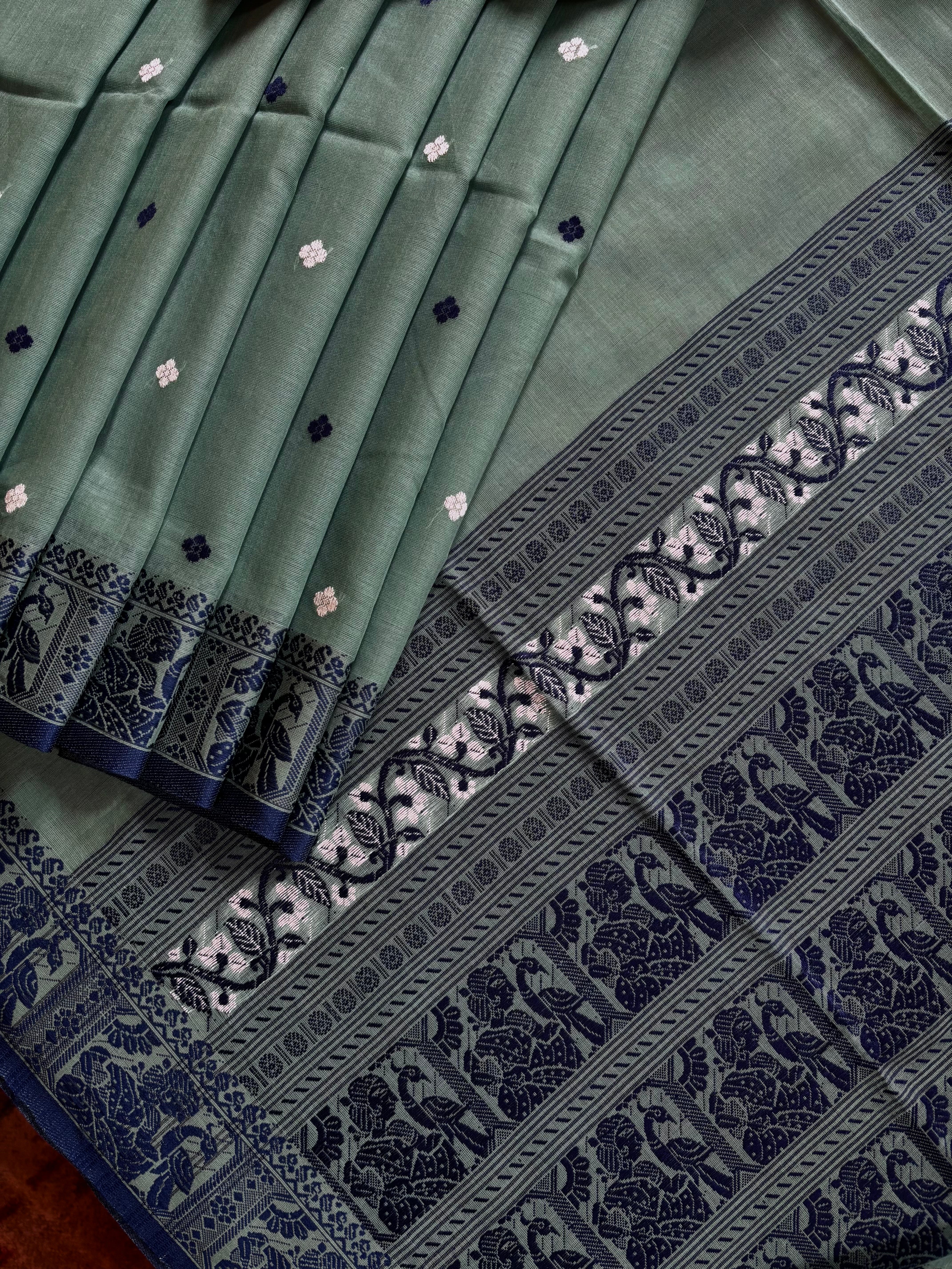 Handwoven Dusty Bluish Handwoven Cotton Baluchari Saree
