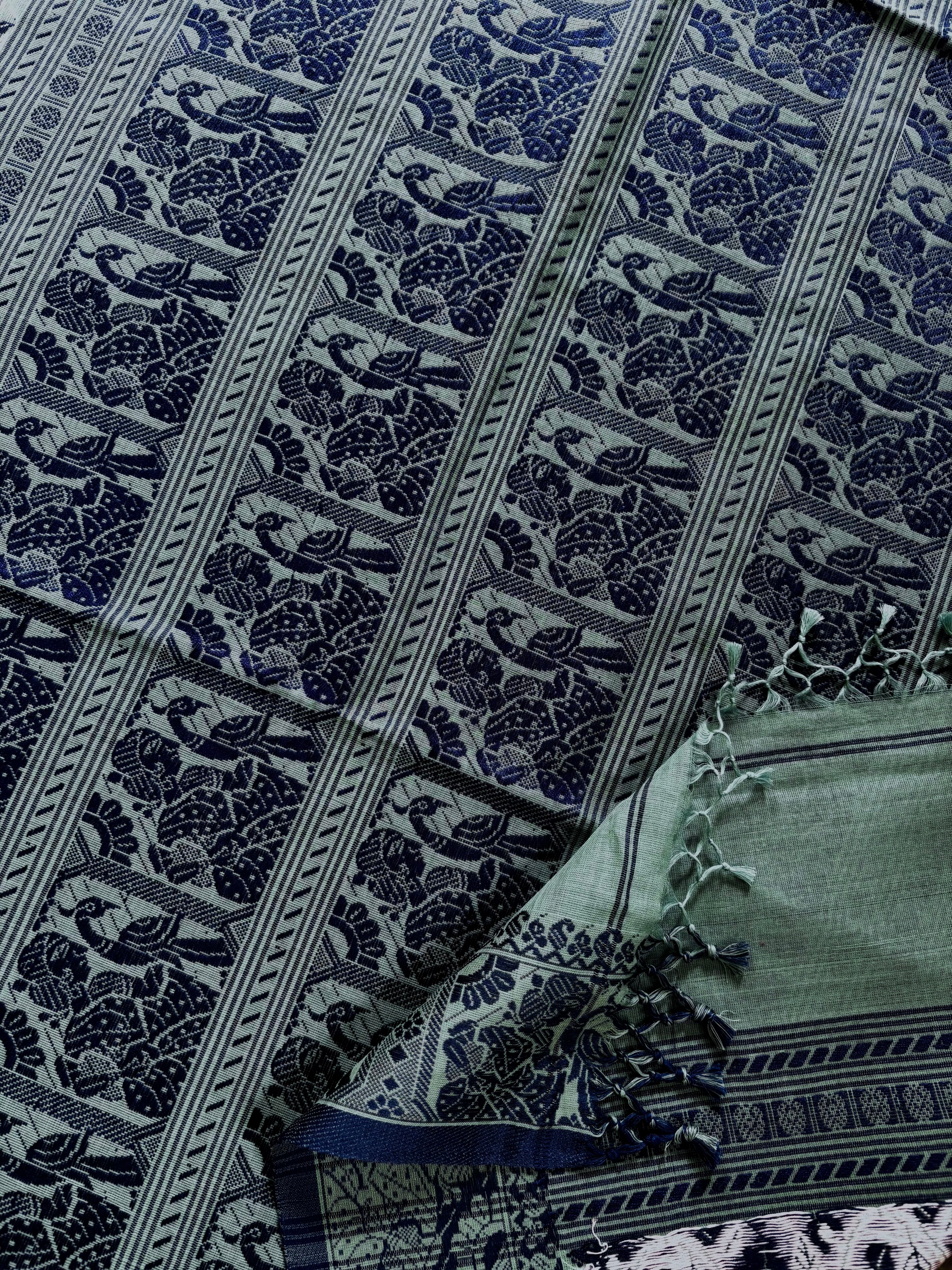 Handwoven Dusty Bluish Handwoven Cotton Baluchari Saree