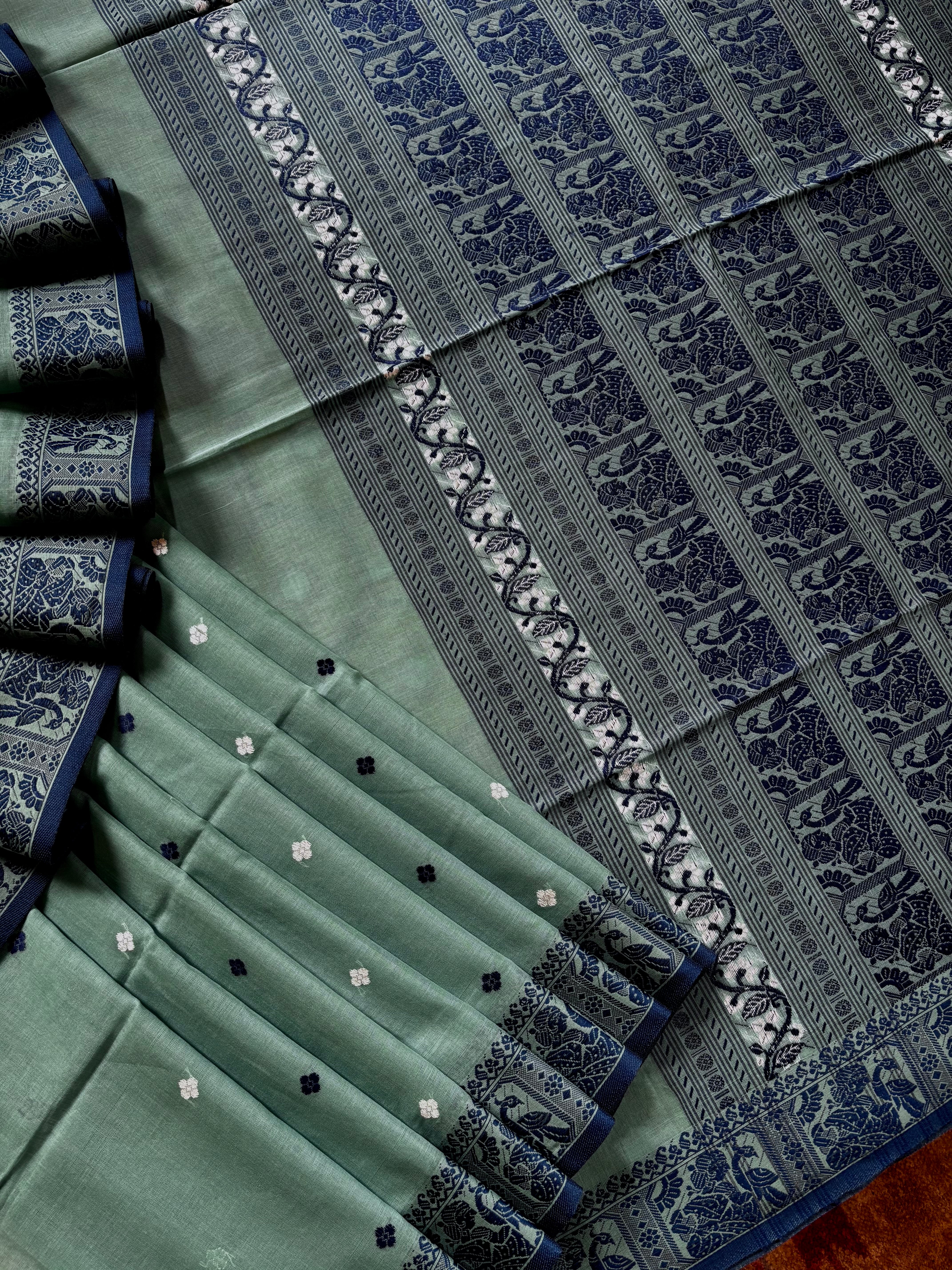 Handwoven Dusty Bluish Handwoven Cotton Baluchari Saree