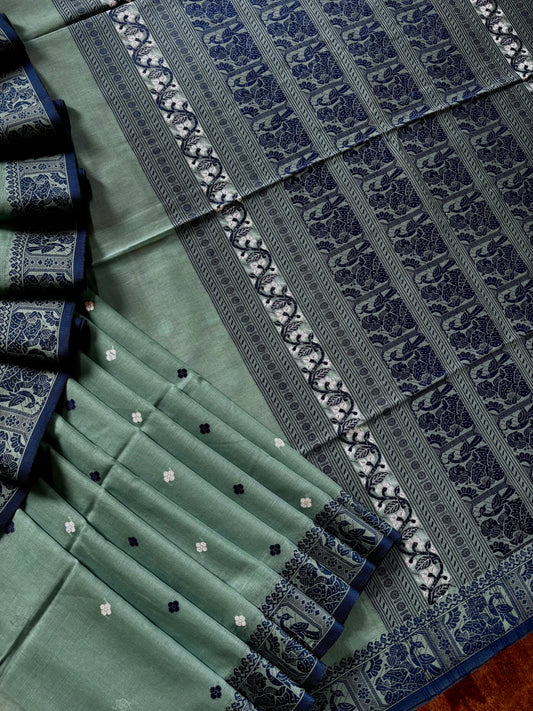 Handwoven Dusty Bluish Handwoven Cotton Baluchari Saree